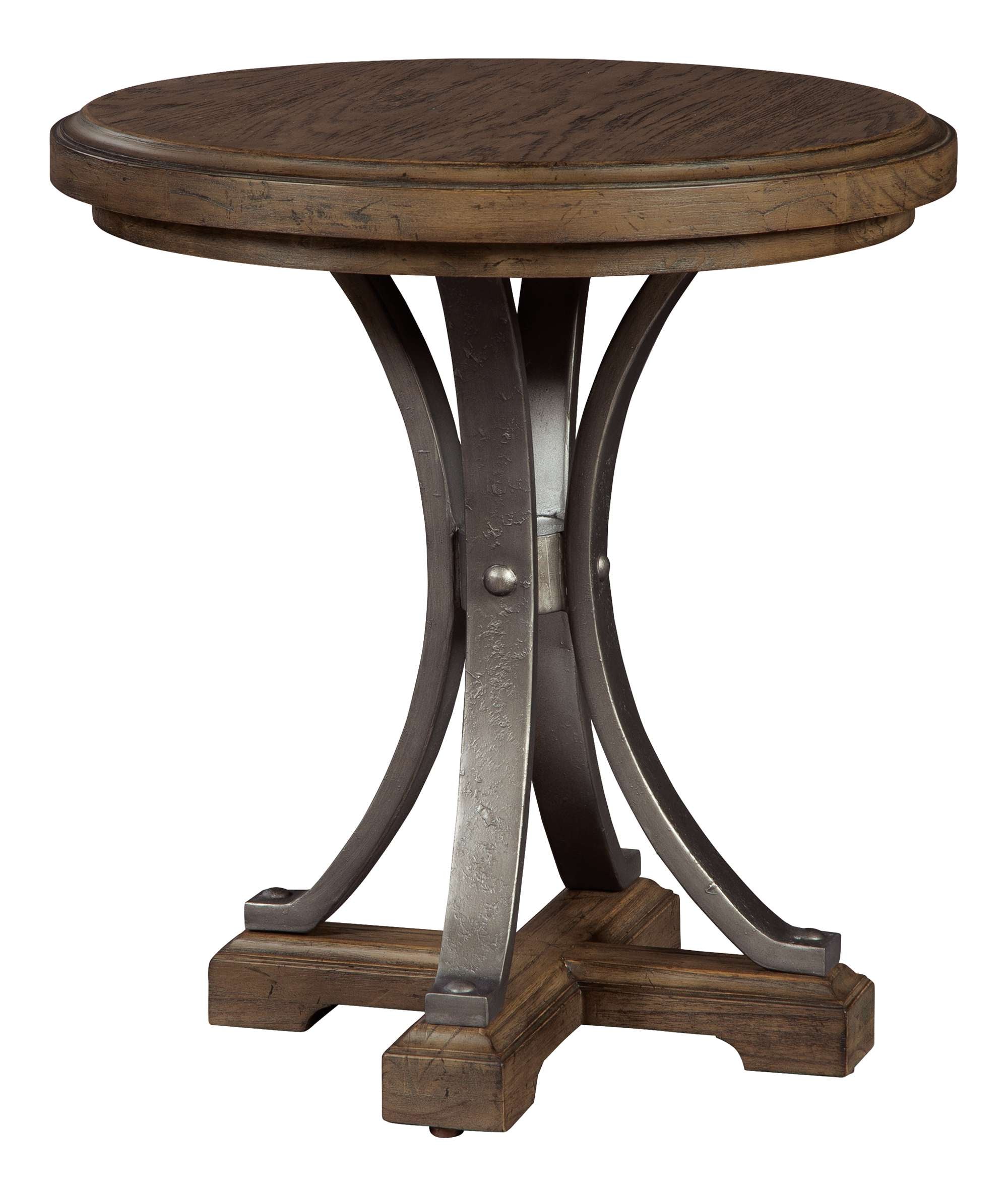 Wexford End Table with 1-3/4" oak veneer top, inset molded edge, and antique pewter metal sweeping legs on mindi wood base
