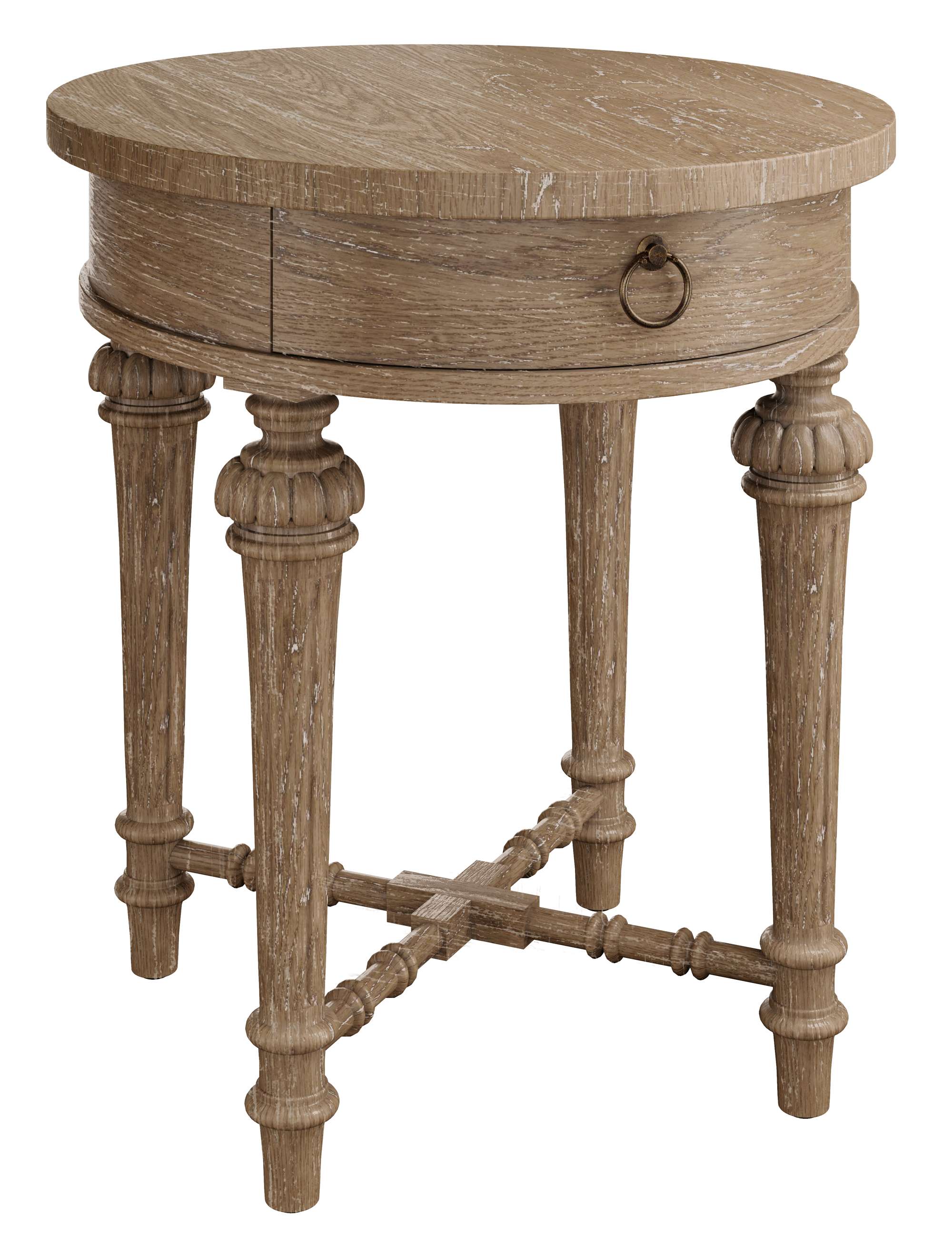 Round wooden Chateaux End Table with carved legs, cross stretcher base, and integrated drawer with metal ring pull handle
