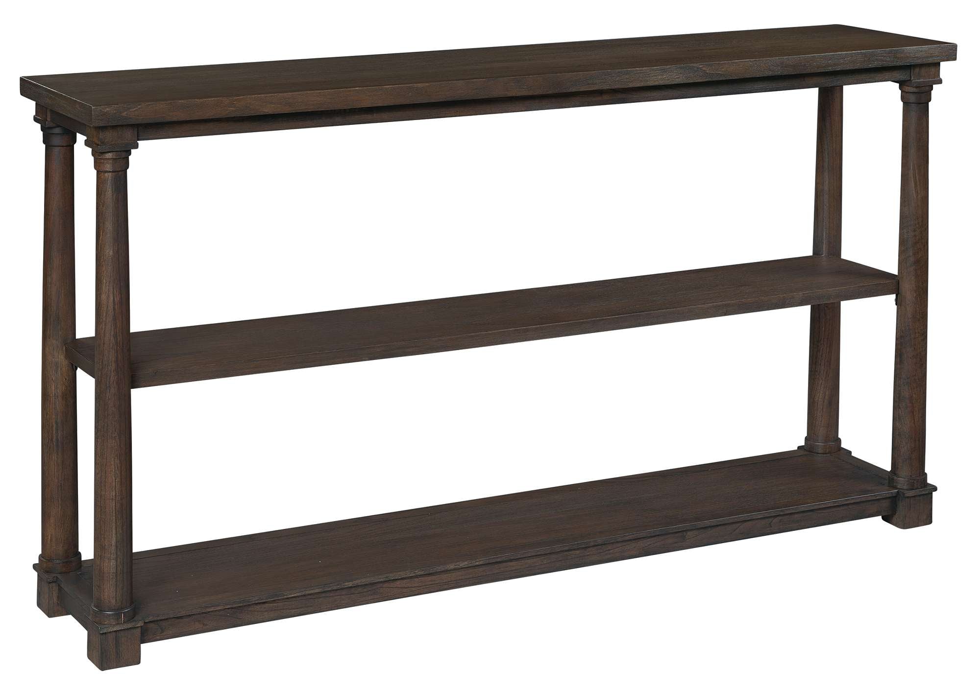 Linwood sofa table with three shelves, tapered posts with collars, made of mindi solids and veneers in Linwood finish