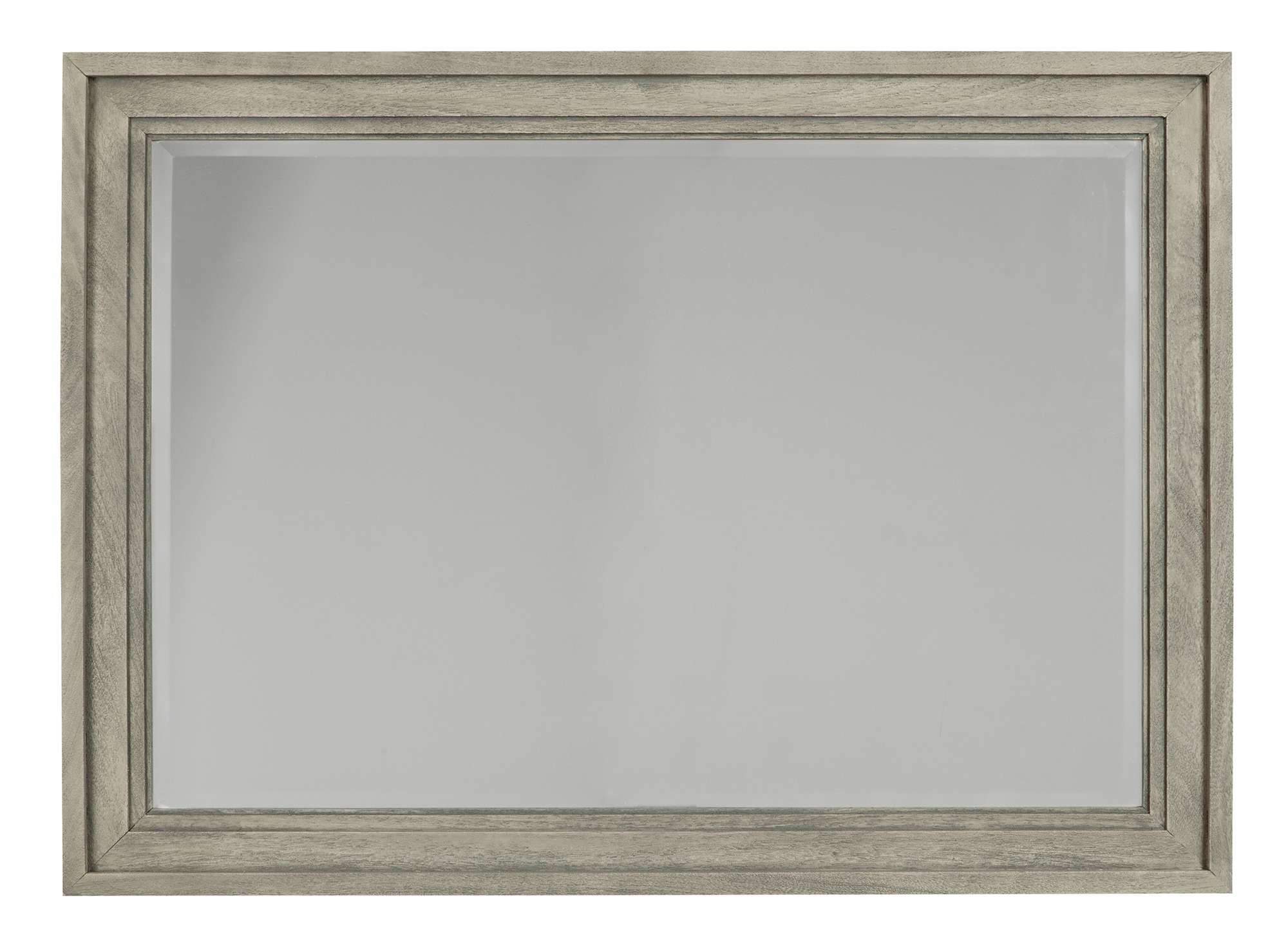 Bedford Park decorative mirror with weathered gray mango wood frame and beveled glass edge for wall mounting