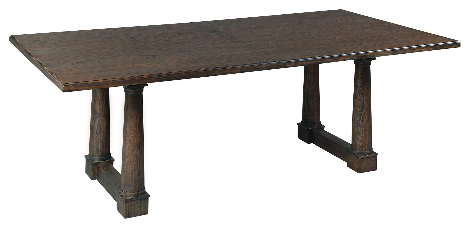 Linwood rectangular dining table with mindi solids and veneers, twin tapered round posts, and 82-inch length expandable to 118 inches