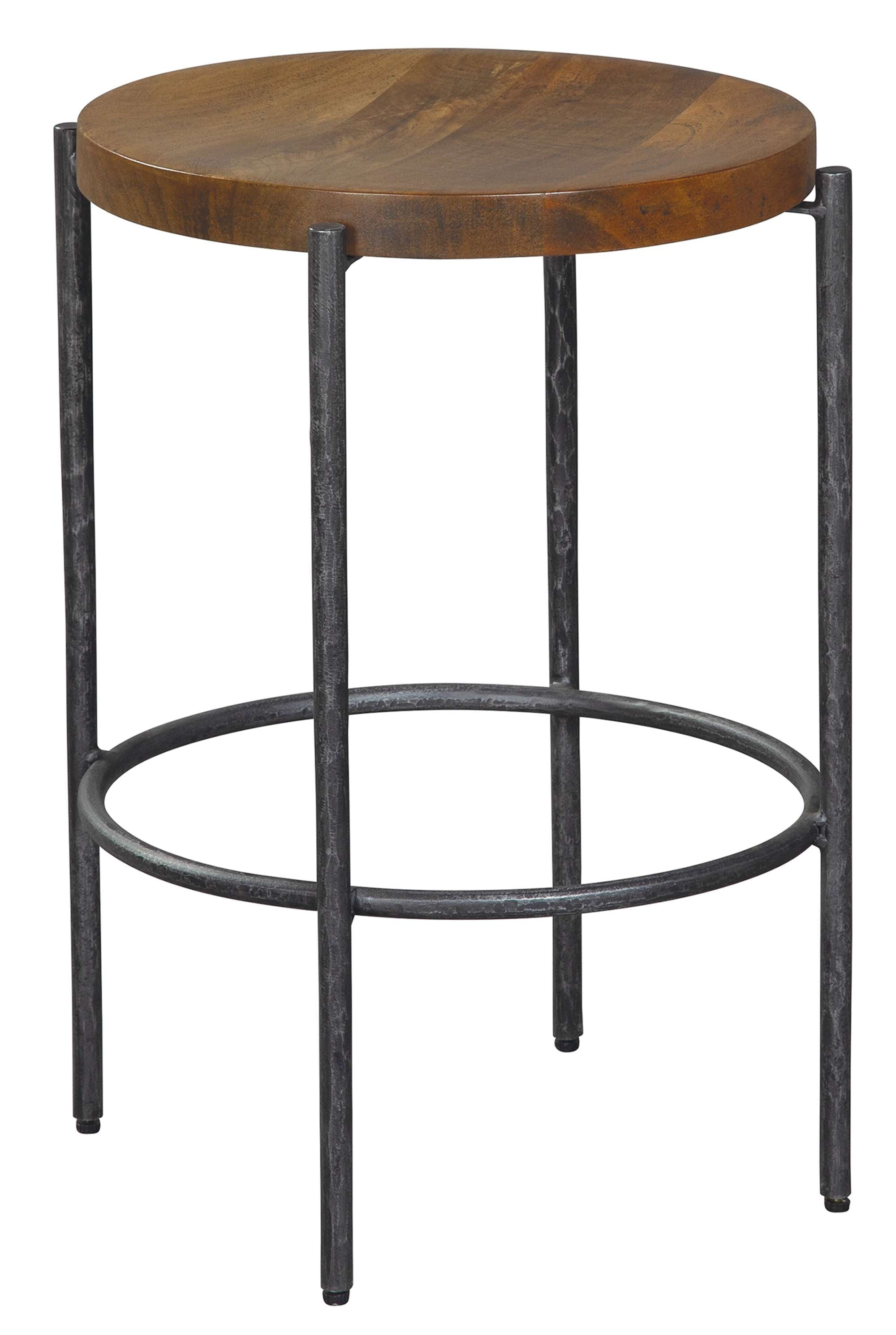 Bedford Park counter stool with round brown wooden seat and forged iron base with circular footrest