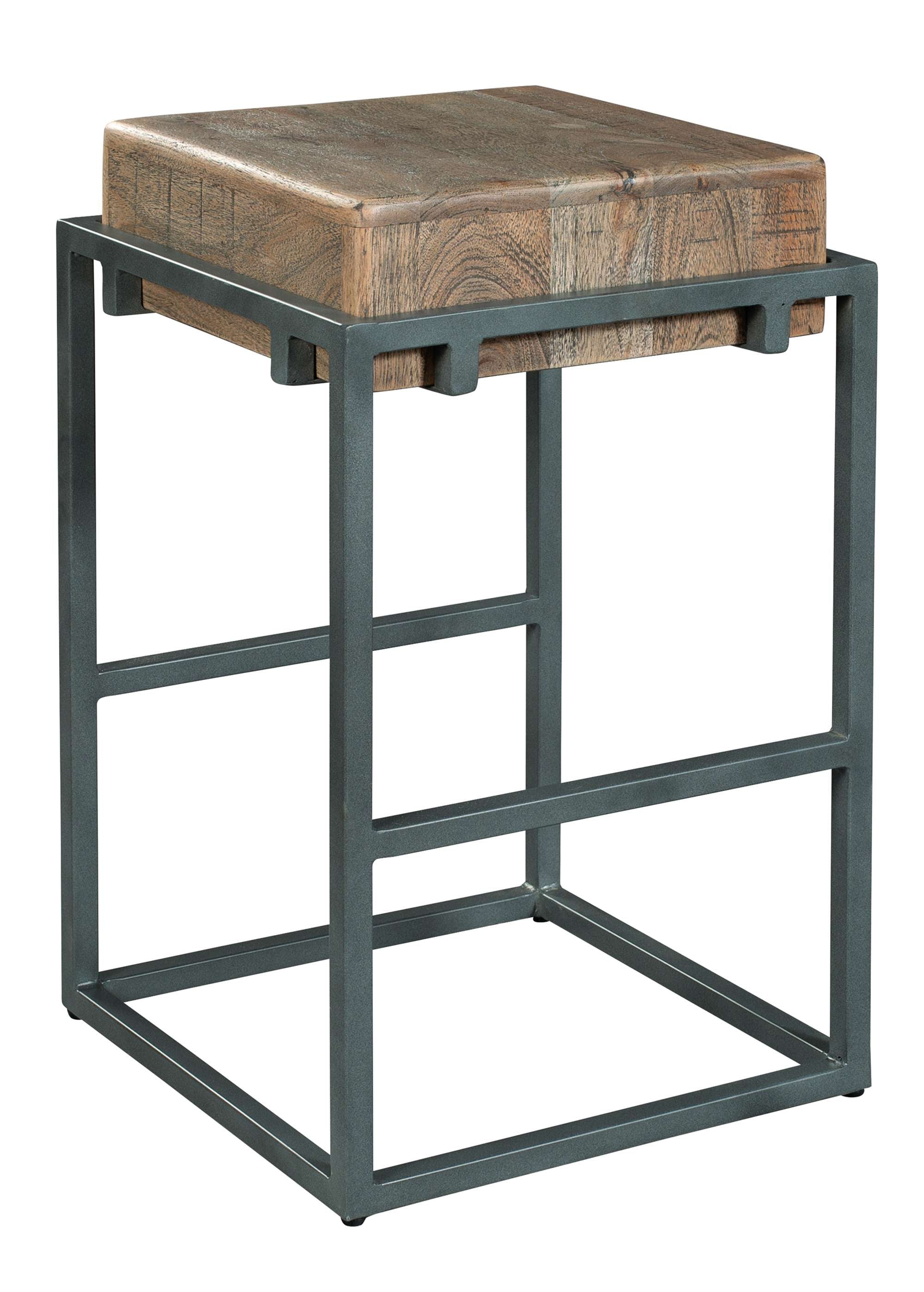 Counter stool with solid acacia wood seat in soft brown oil rub finish and black iron leg frame