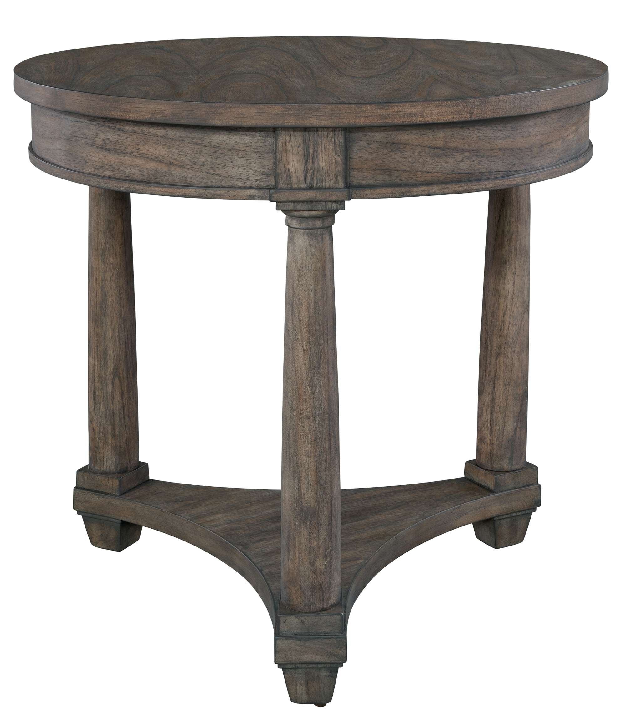 Lincoln Park end table with select wood solids and veneers, round top, three tapered legs, and warm brown finish