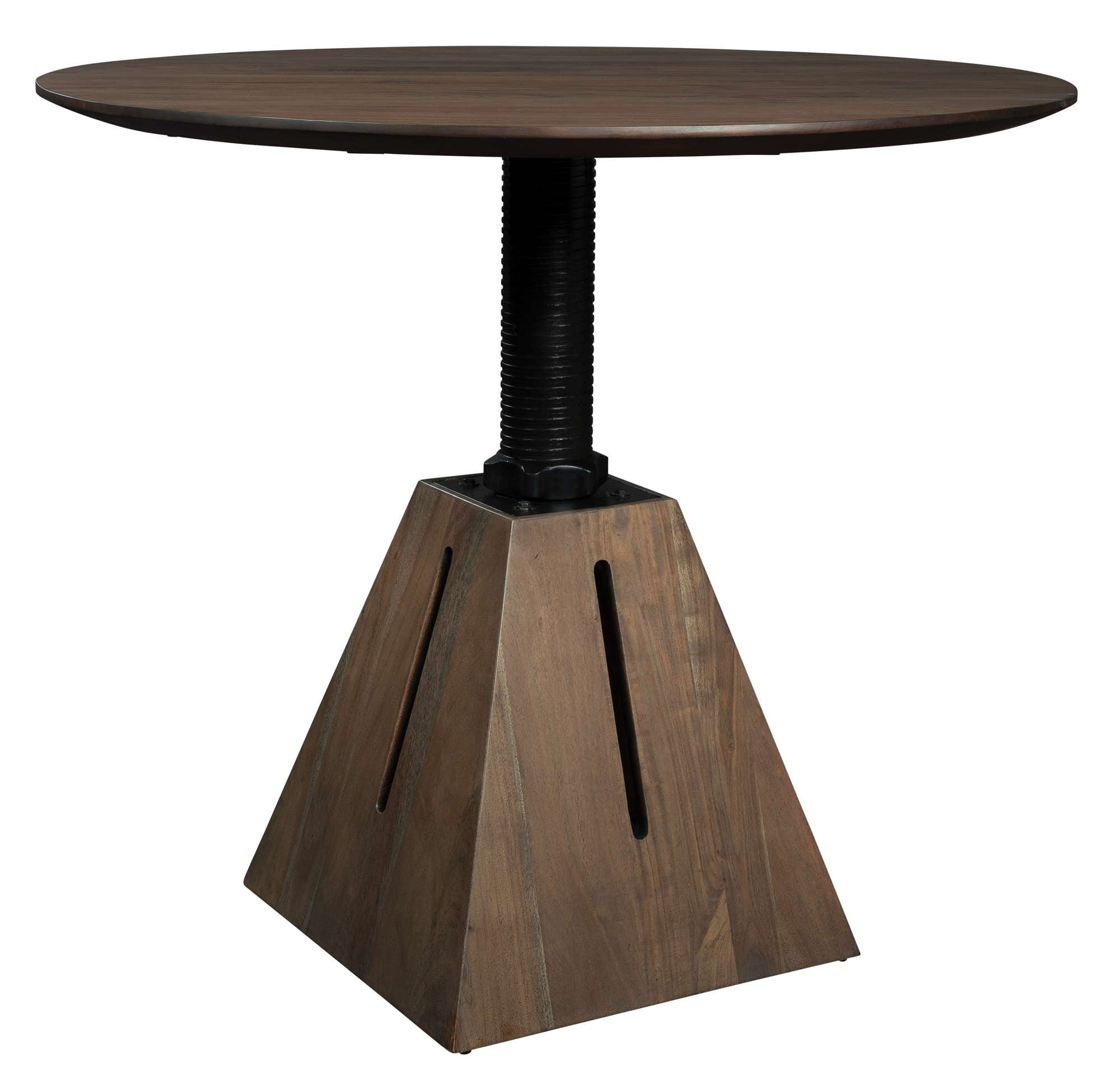 Adjustable height dining table with round acacia wood top, screw post lift, and tapered solid wood base in Special Reserve finish