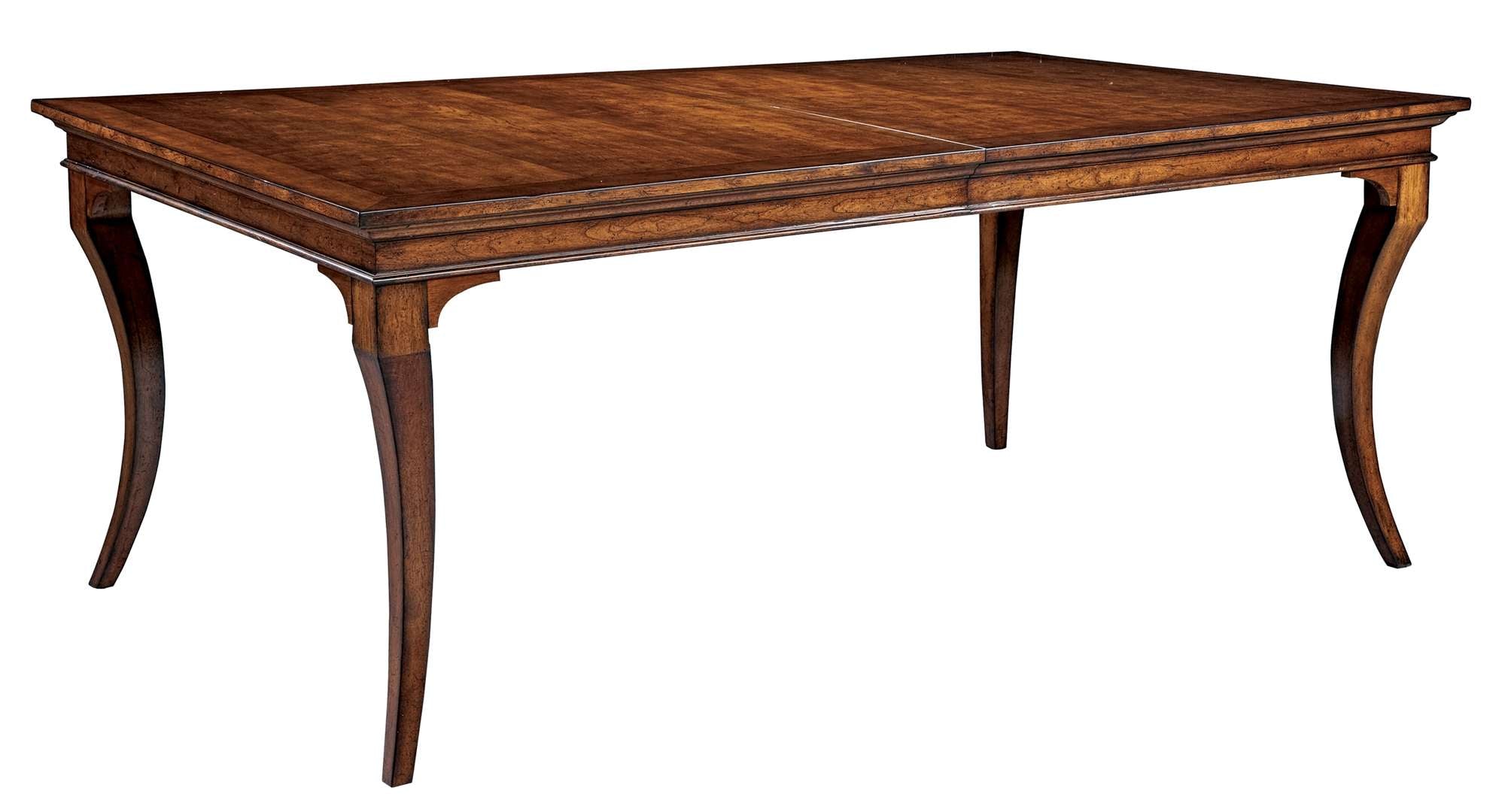European Legacy dining table with American cherry veneers, macadamia finish, planked top, and curved hardwood legs