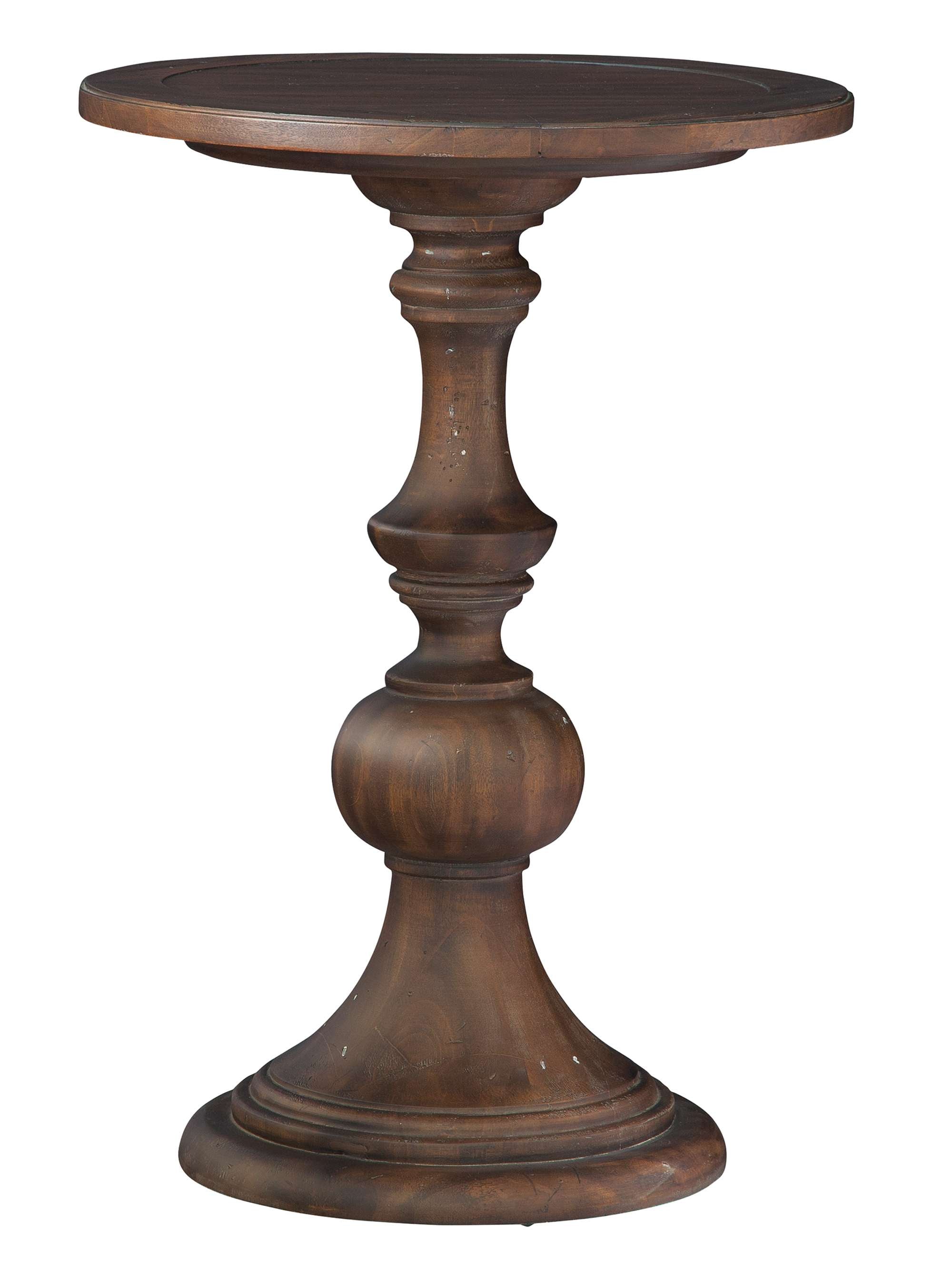 Napa Valley end table with round shaped top, pedestal base, warm brown finish, and rustic distressed wood detailing