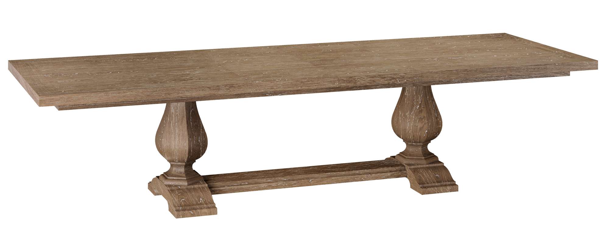 Rectangular Chateaux dining table with a trestle pedestal base and weathered wood finish for timeless elegance