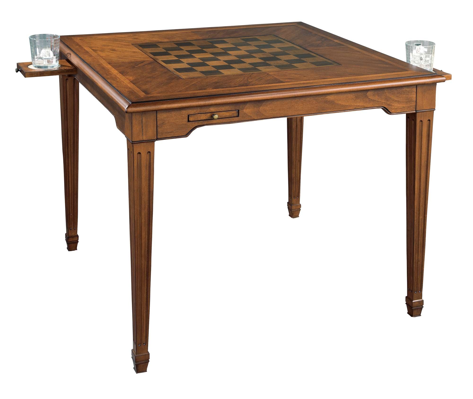 Game table with rogue cherry veneers, cathedral cherry top, inlaid chessboard, tapered legs, and pull-out cup holders