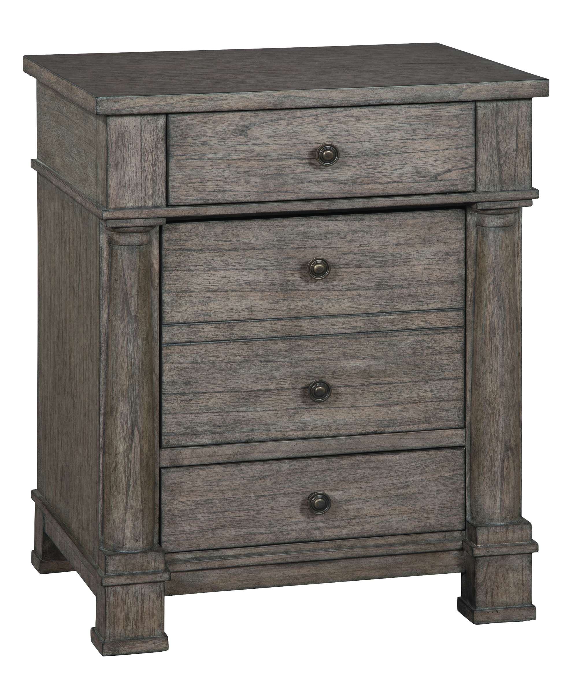 Lincoln Park file cabinet with mindi veneers, antique brass hardware, faux four-drawer design, and classic turned columns