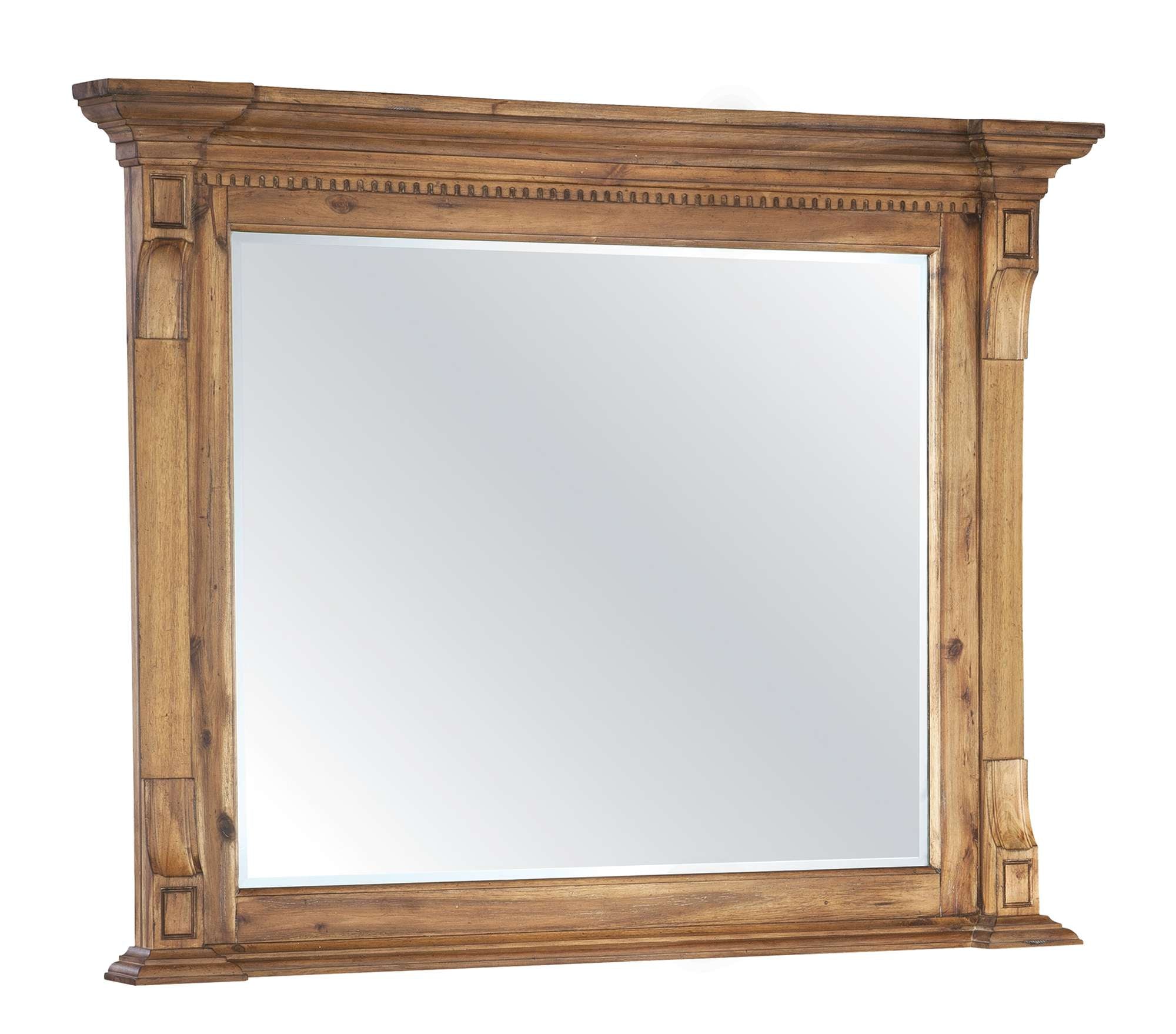 Wellington Hall Mirror with acacia veneer, beveled glass, dentil molding, break front top, and natural wood finish
