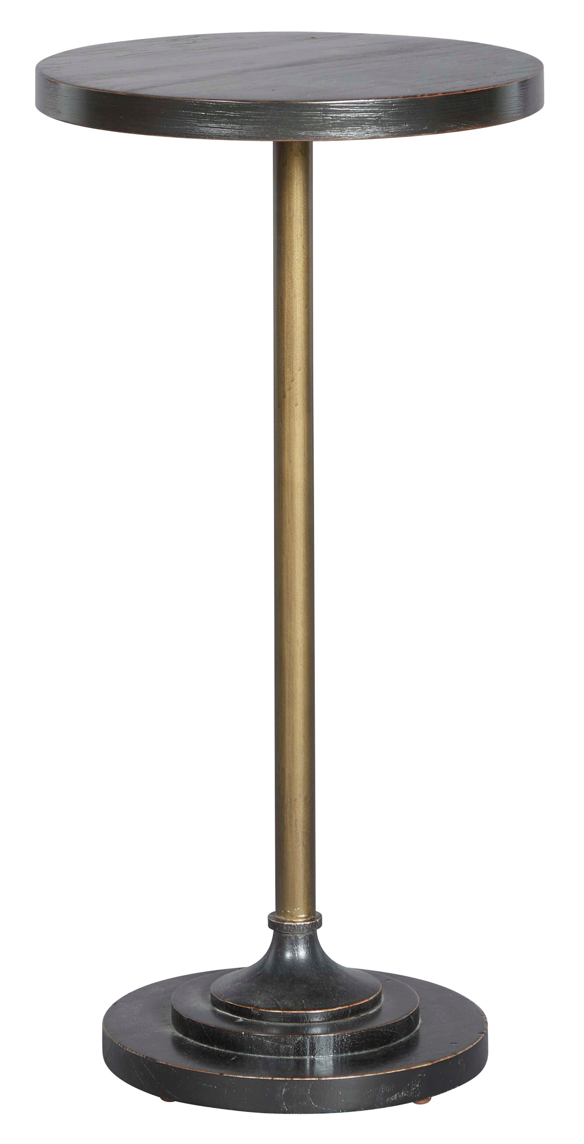 Round end table with black Louie Phillippe finish, slim brass pedestal base, and solid Mindi wood construction
