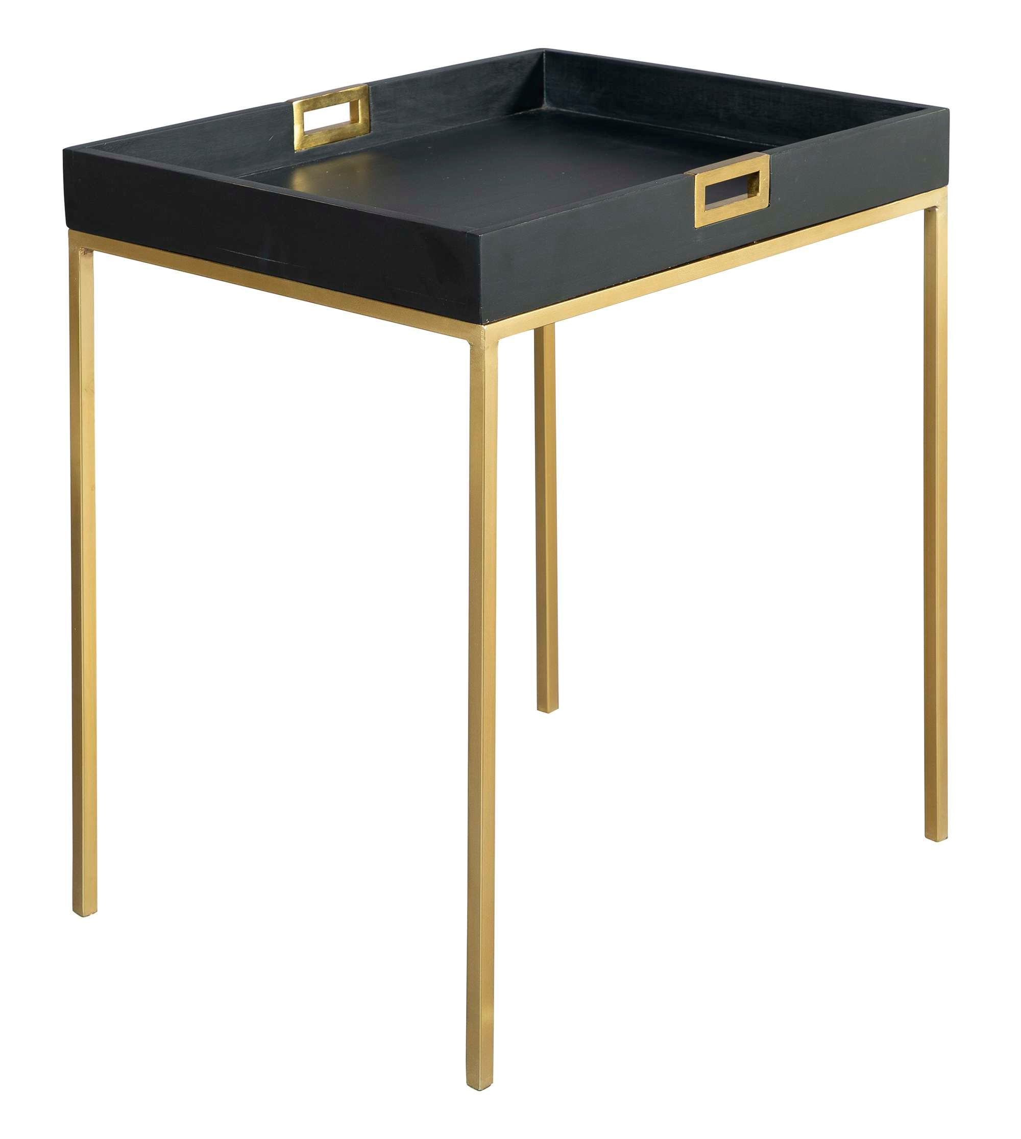 Accent table with black wood tray top, gold inset handles, and slender gold metal legs in modern design