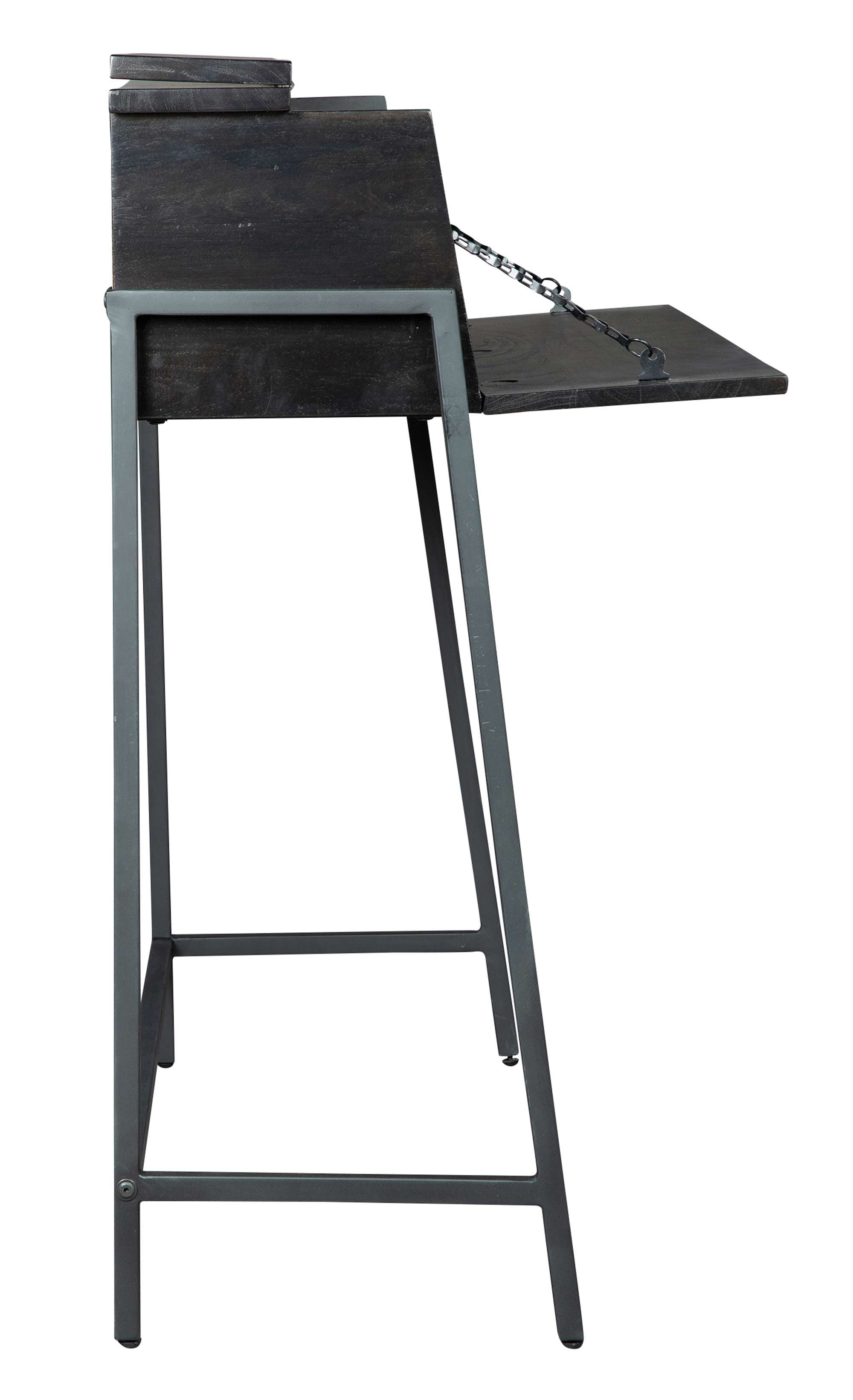 Box-style writing desk in aged black acacia solids with black iron frame and fold-out writing surface with chain support