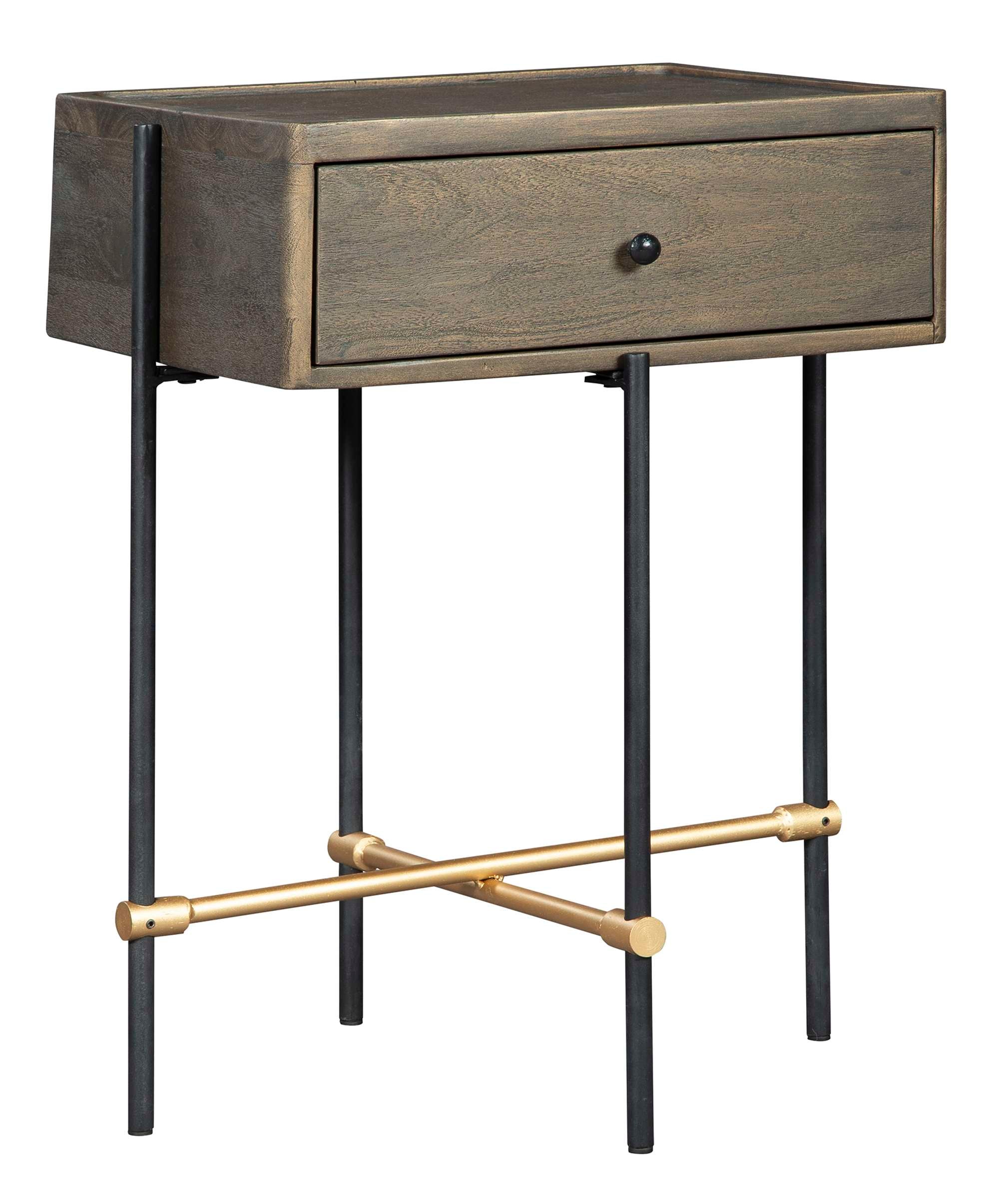 End table with solid acacia drawer box, wire brushed finish, round black iron legs, and gold metal crossbar support