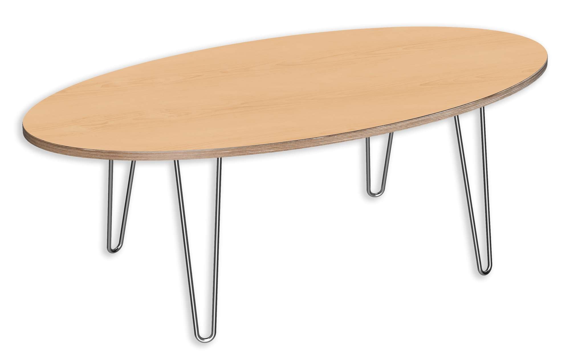 Oval coffee table with natural maple multi-ply top and four sleek hairpin metal legs in mid-century design