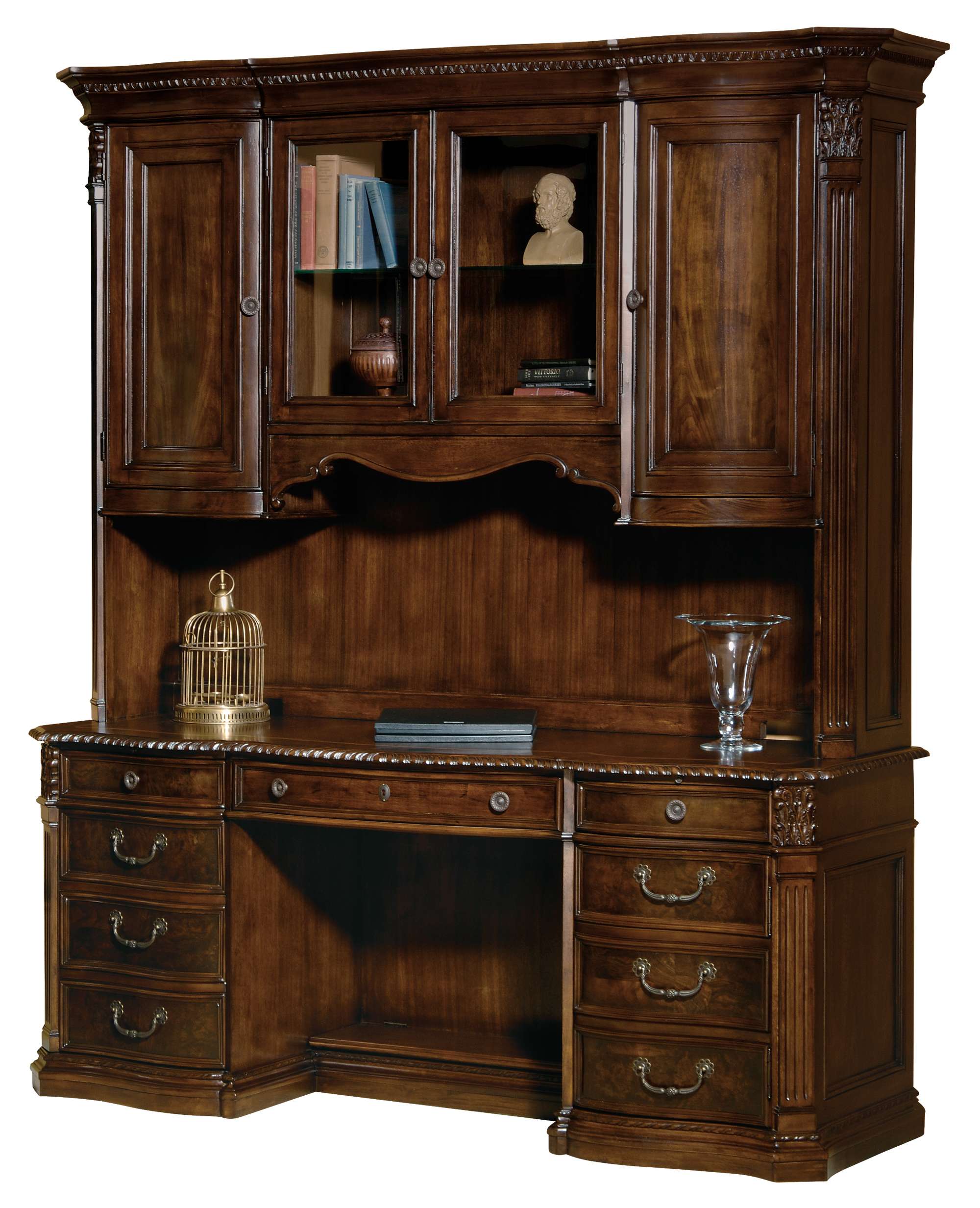 Old World Walnut Burl executive desk with burl and flat cut walnut veneers, two wood framed beveled glass doors, and multiple drawers