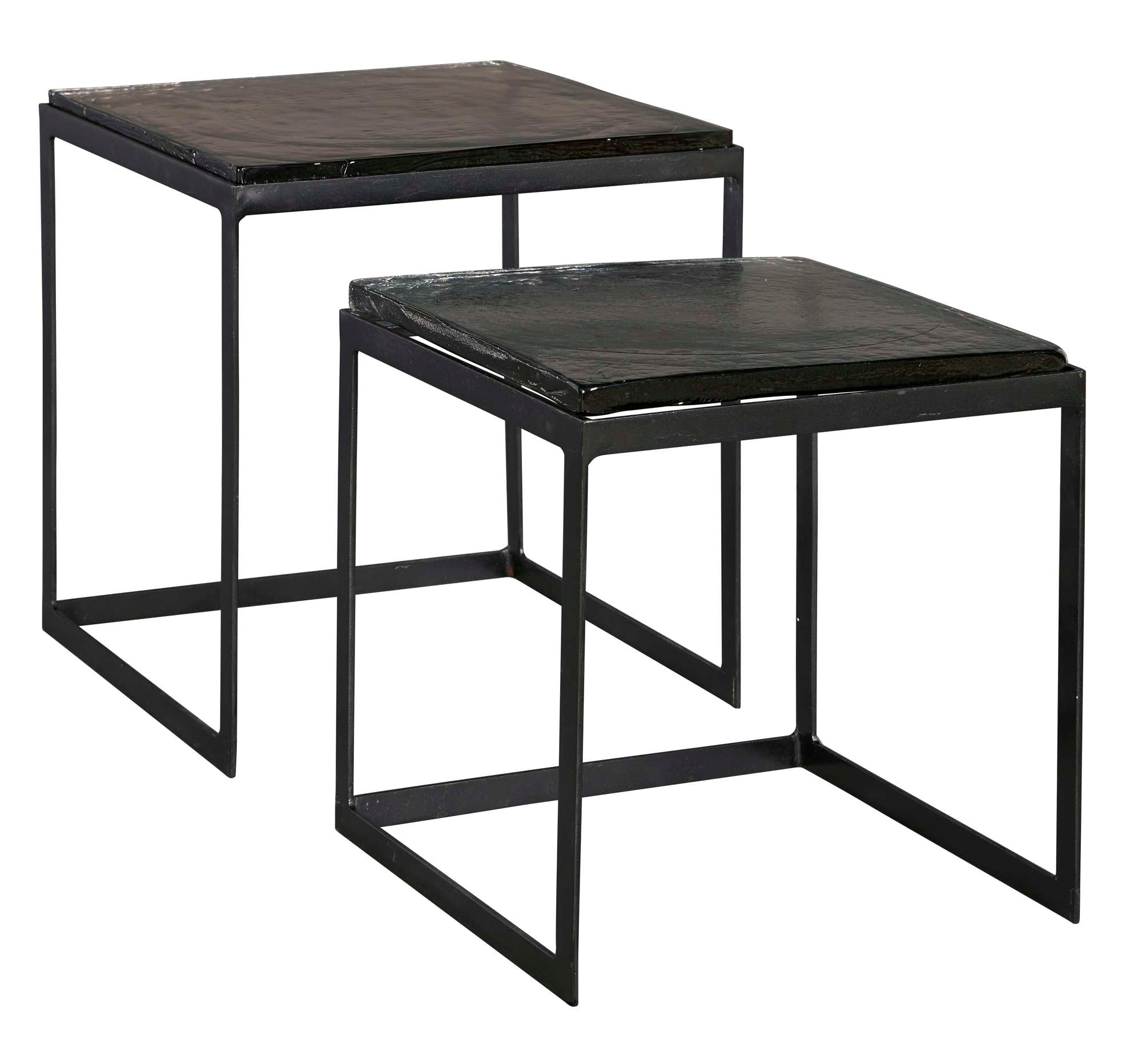 Set of two nesting tables with square hammered iron frames and round hand poured glass tops in dark finish