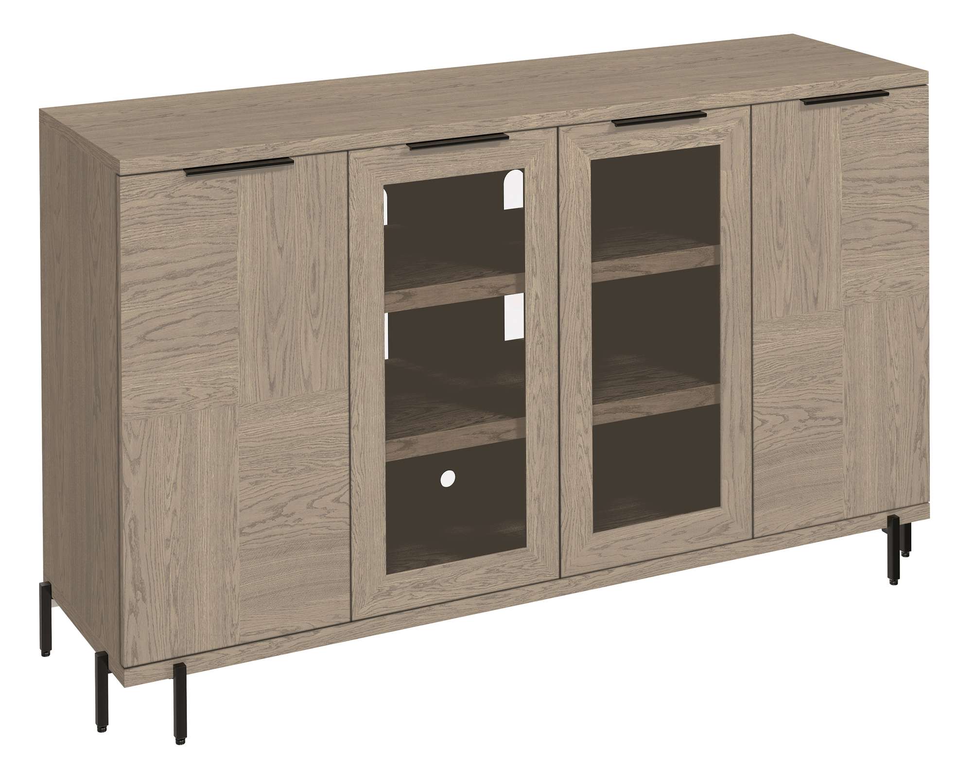 Mayfield Entertainment Console with wood-paneled outer doors, glass center doors, adjustable shelves, and black metal legs