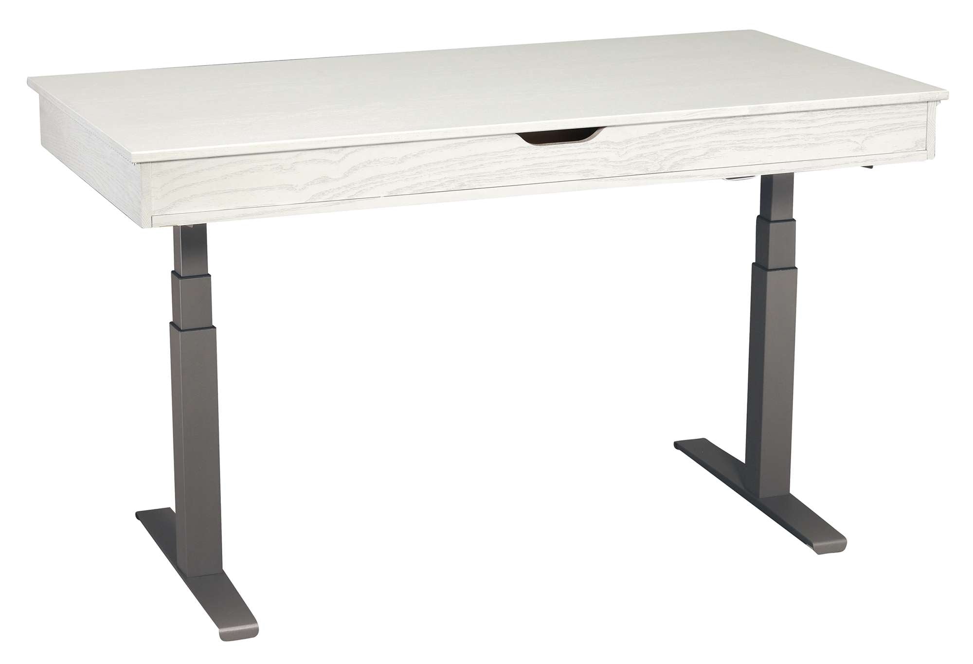 Custom adjustable height desk with white dentil molding top and sleek black metal base for ergonomic workspace comfort