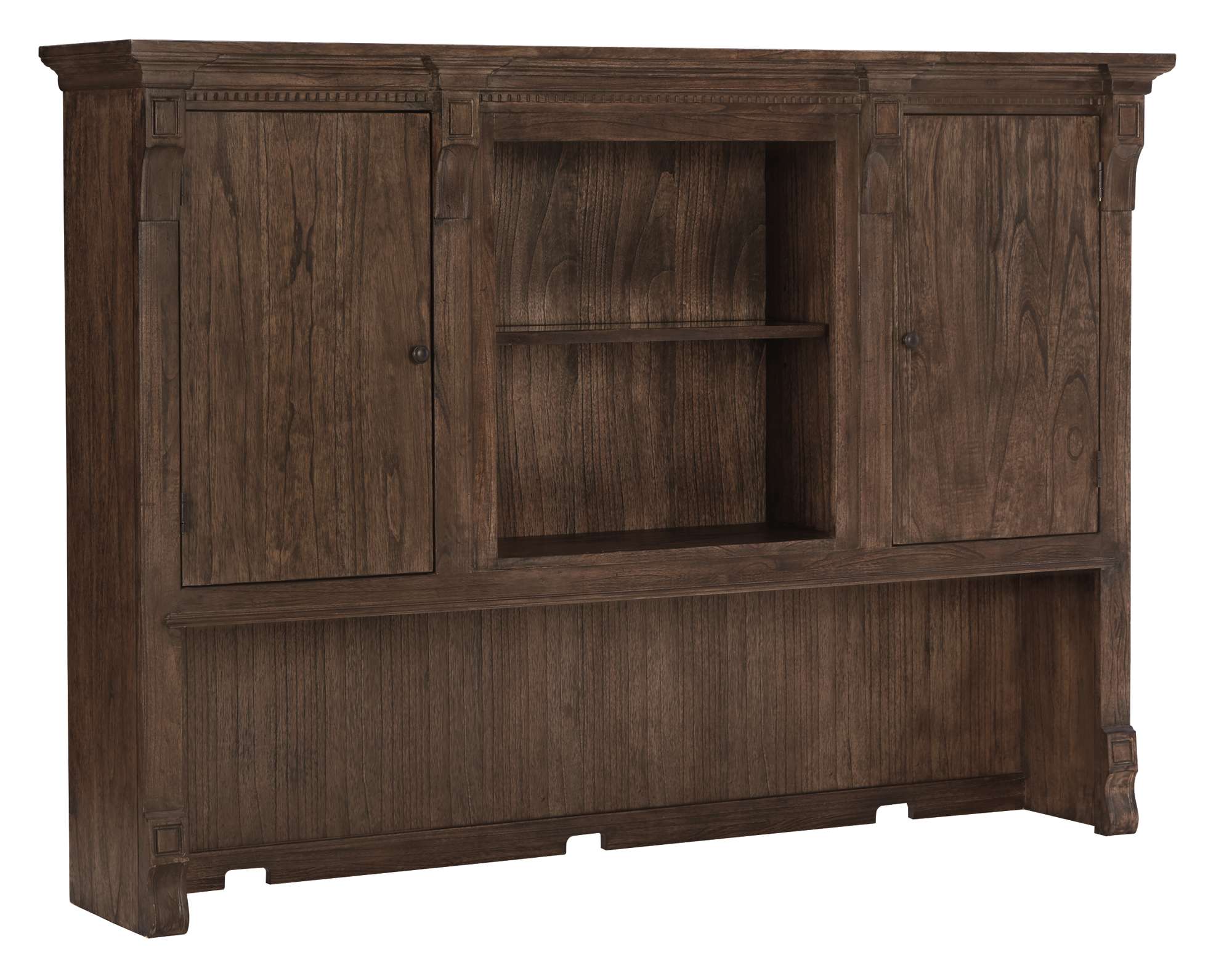 Wellington Estates Office Executive Desk hutch with mindi wood, two doors, adjustable shelves, illuminated center, and antique brass hardware