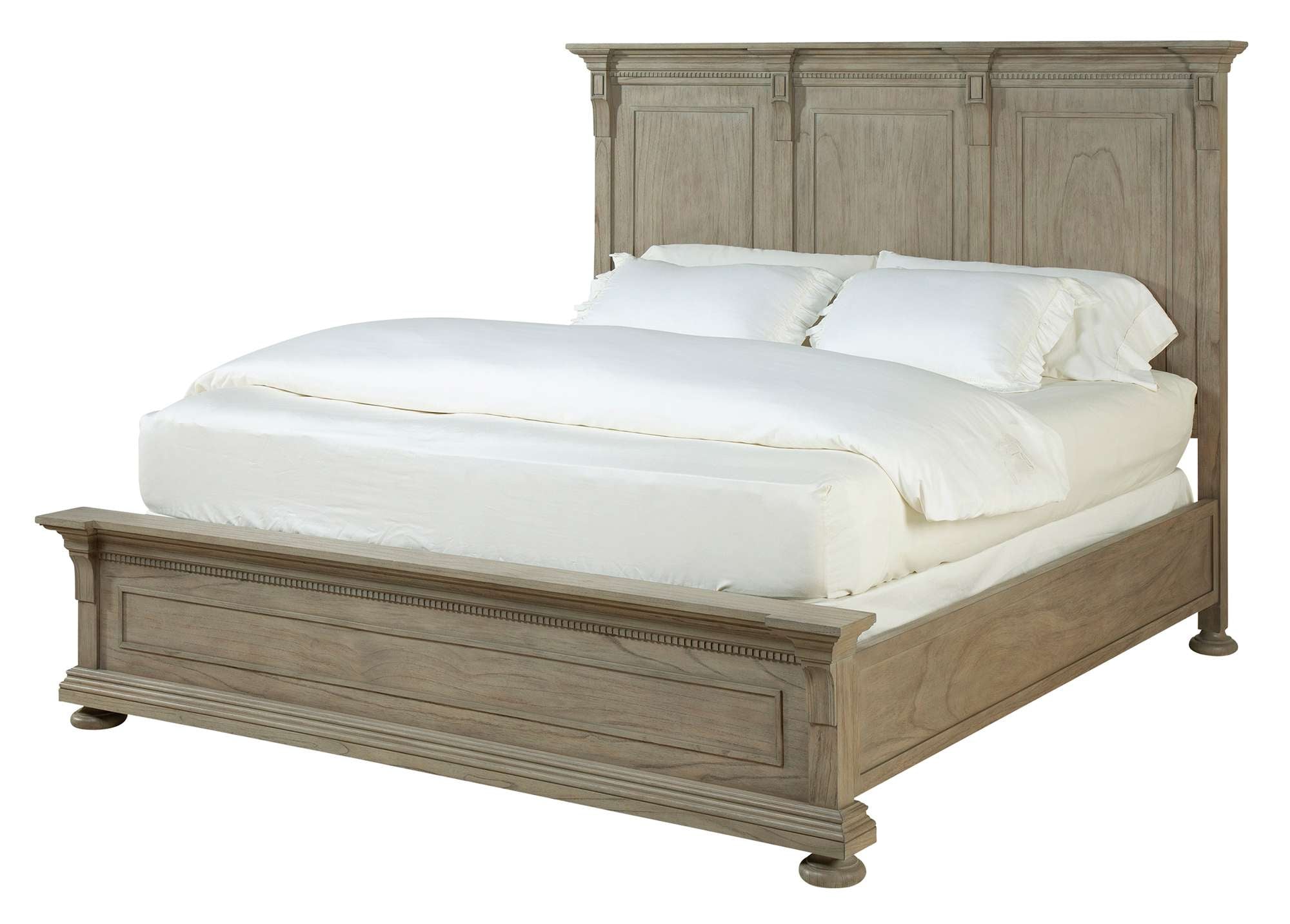 Wellington Estates king panel bed with driftwood finish, mindi veneers, break front headboard, dentil molding, and flat posts
