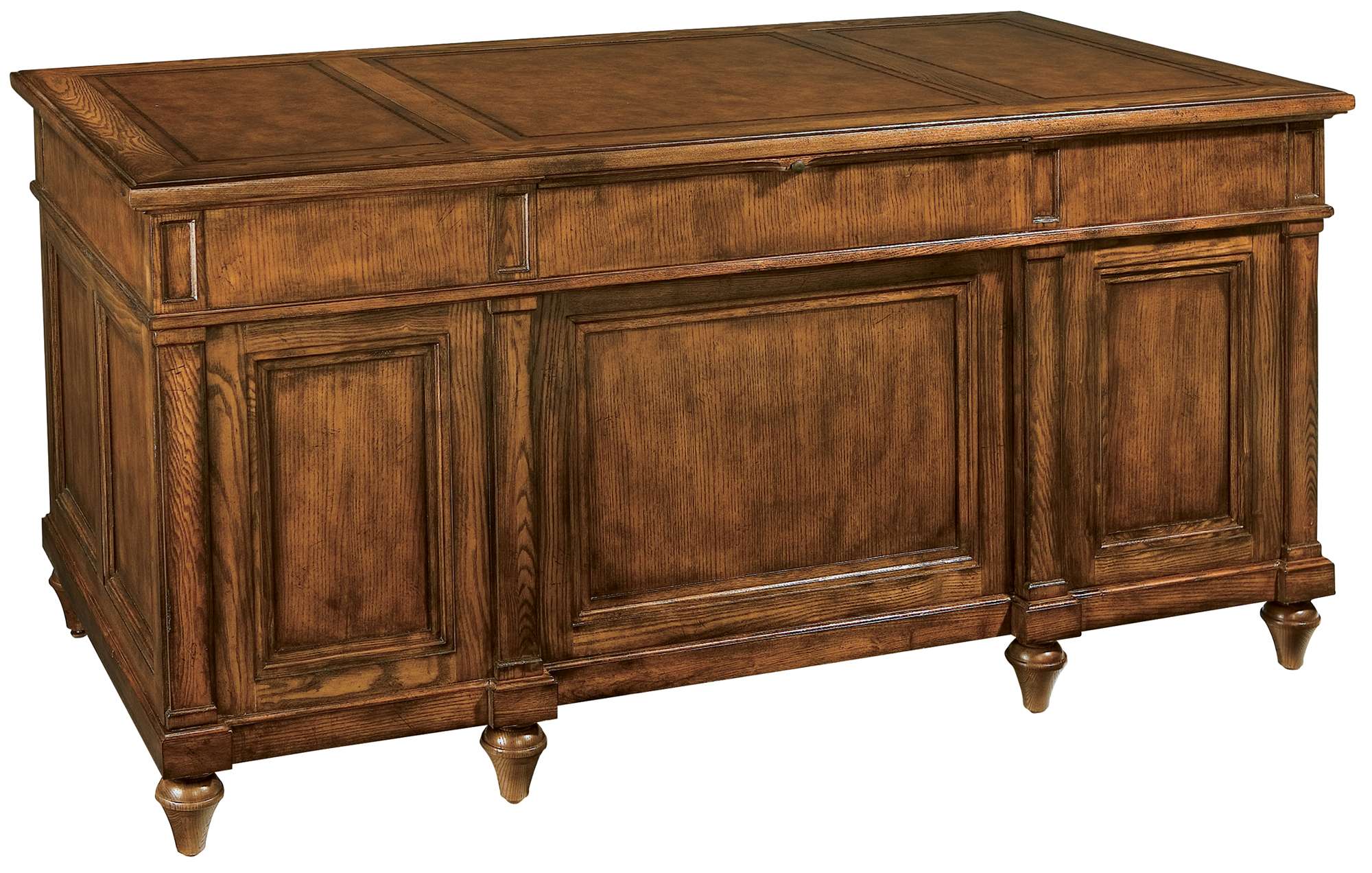 Wooden storage cabinet with decorative panels and tapered legs.