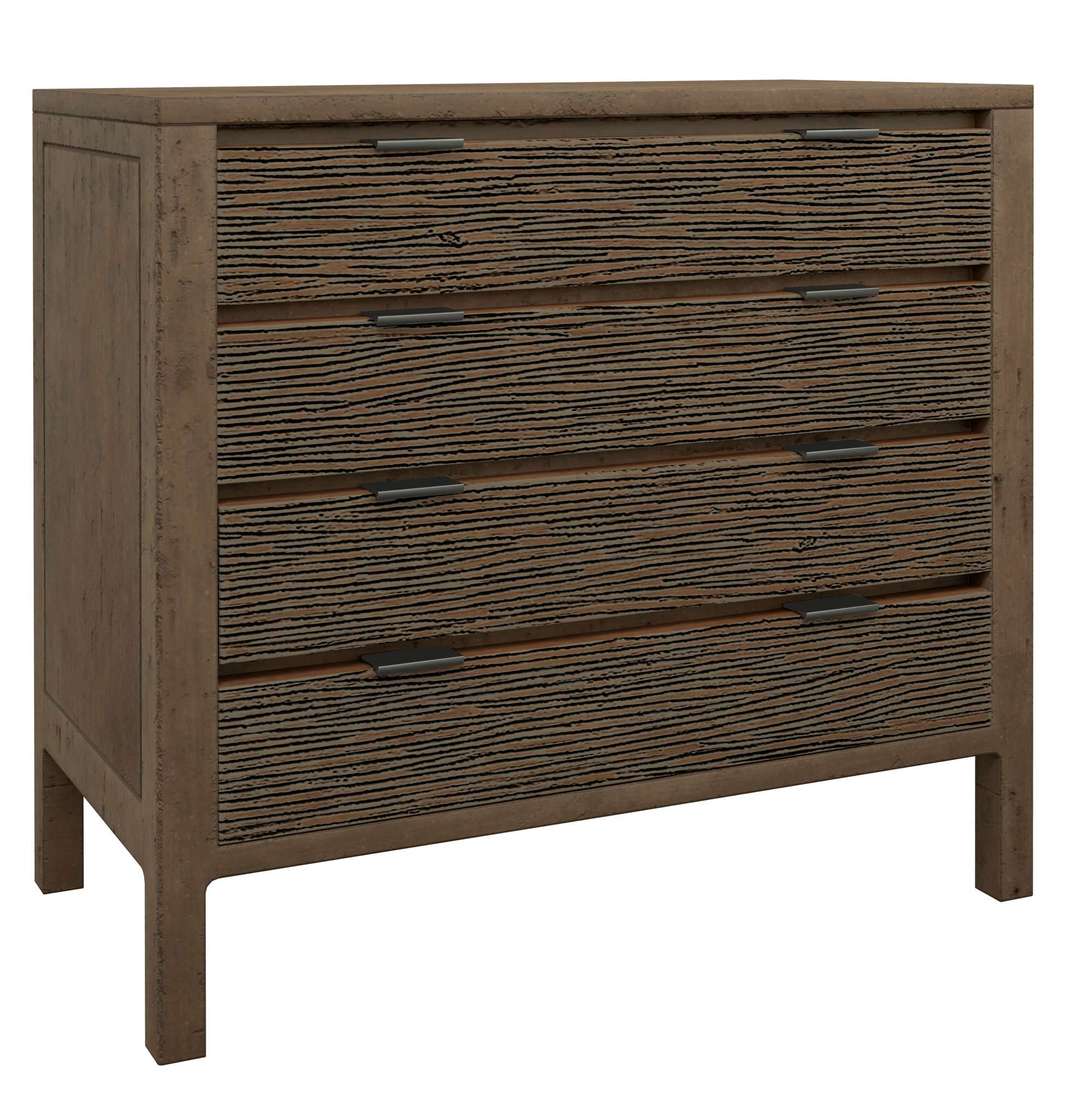 Four-drawer accent chest with flowing irregular reeded carving, warm brown finish, and modern metal drawer pulls