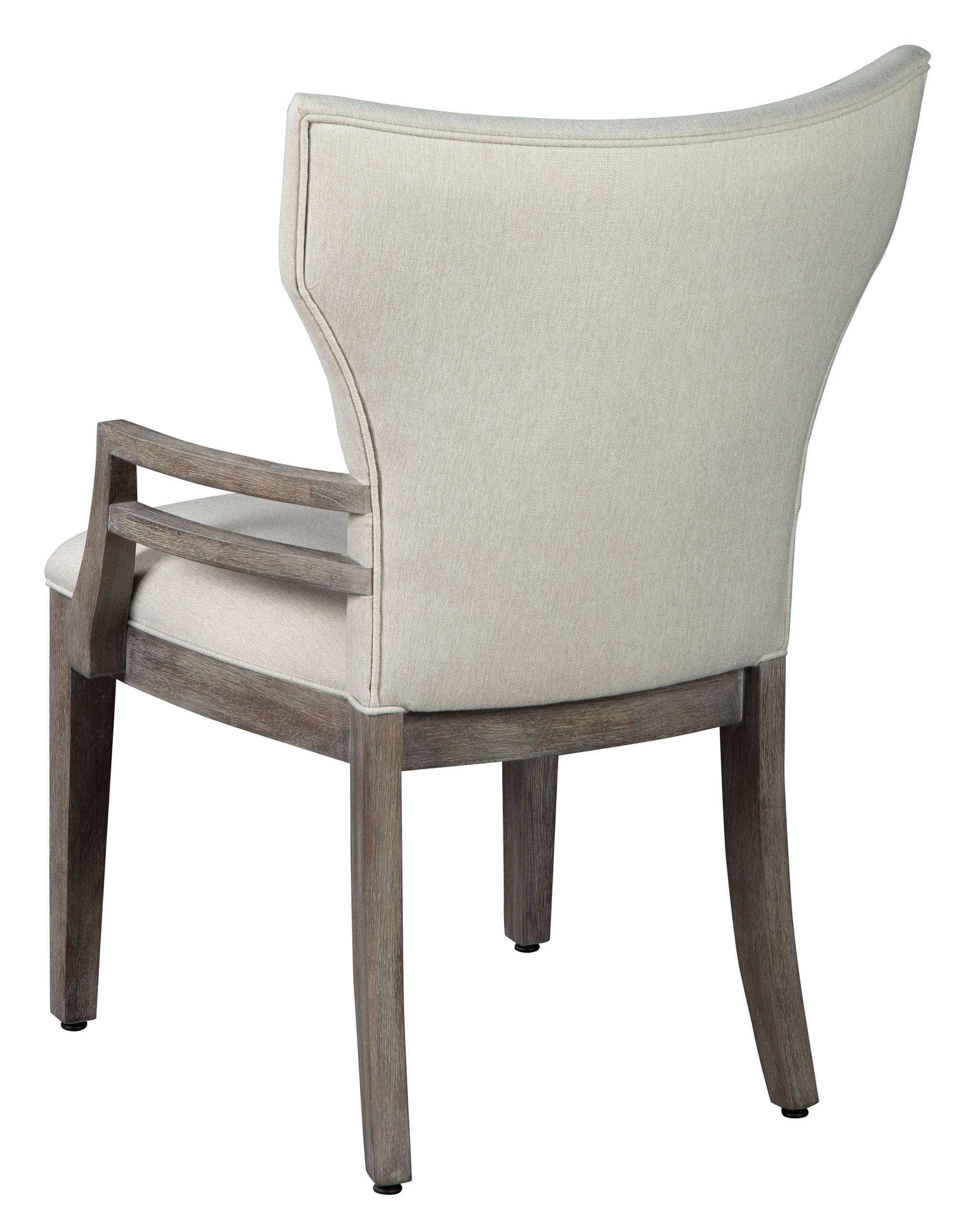 Sedona arm chair with curved upholstered back, heavyweight linen fabric, and select solid wood frame with stretcher detail