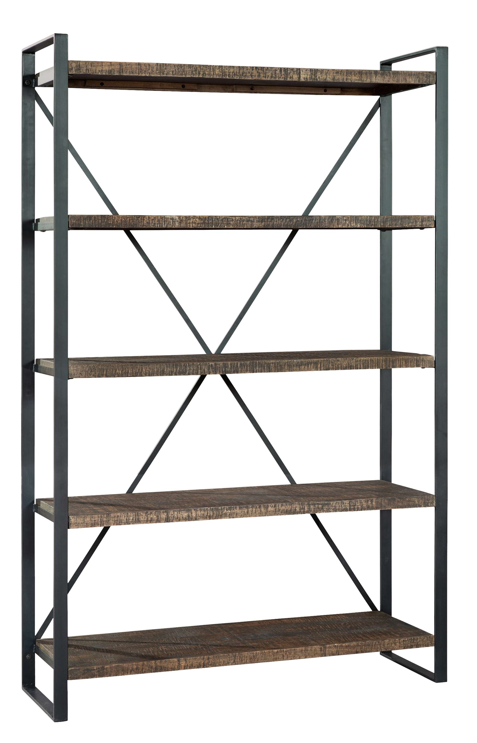 Industrial open shelving with five rough-sawn acacia wood shelves and sturdy iron frame in Pittsburgh finish
