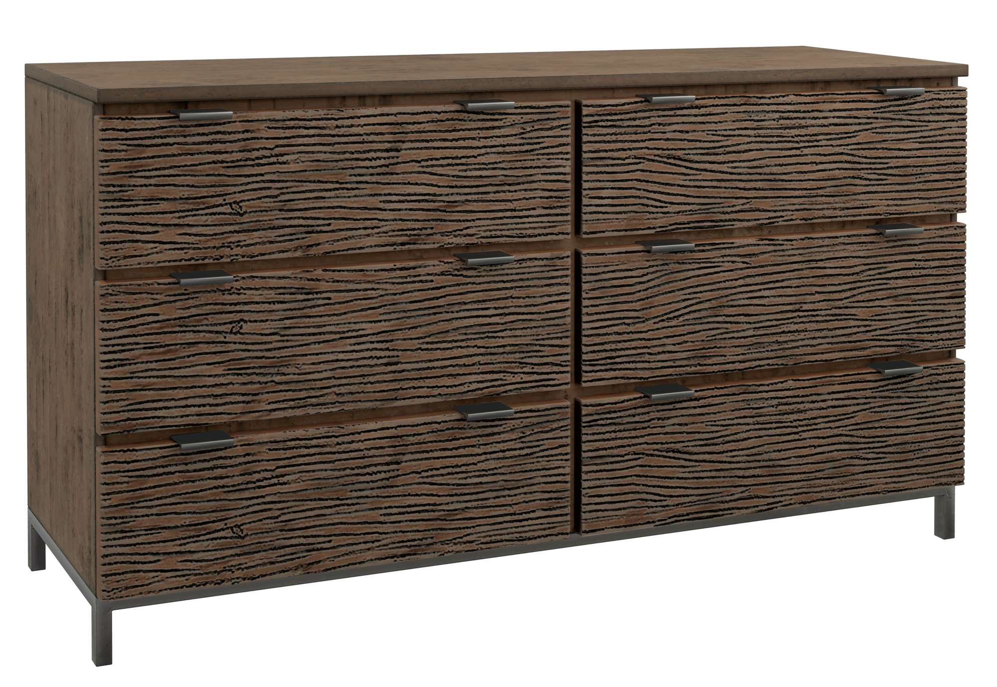 Organic Living Dresser with six drawers, flowing irregular reeded carved fronts, dark wood finish, and metal handles