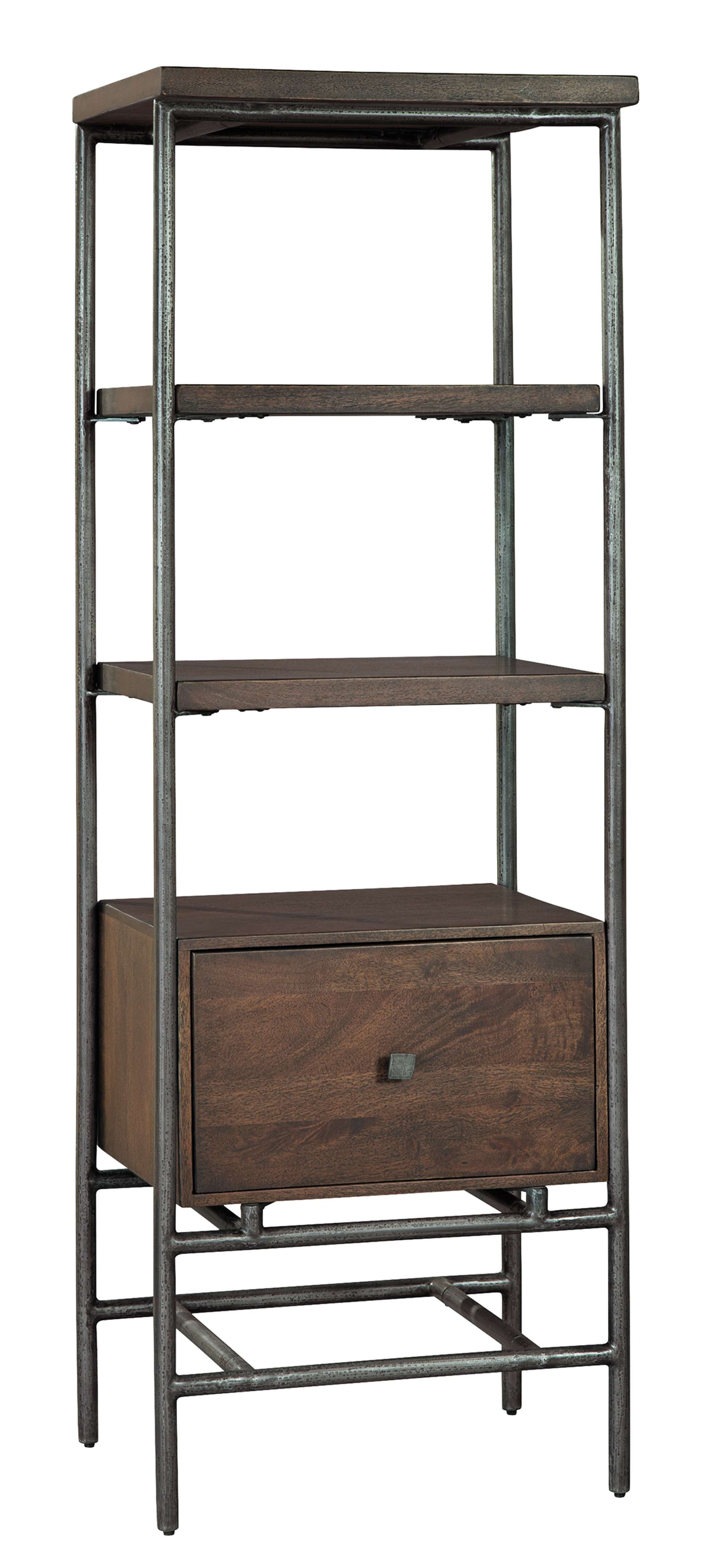 Open shelving unit with three solid mango wood shelves, file box drawer, tubular iron legs, and special reserve finish