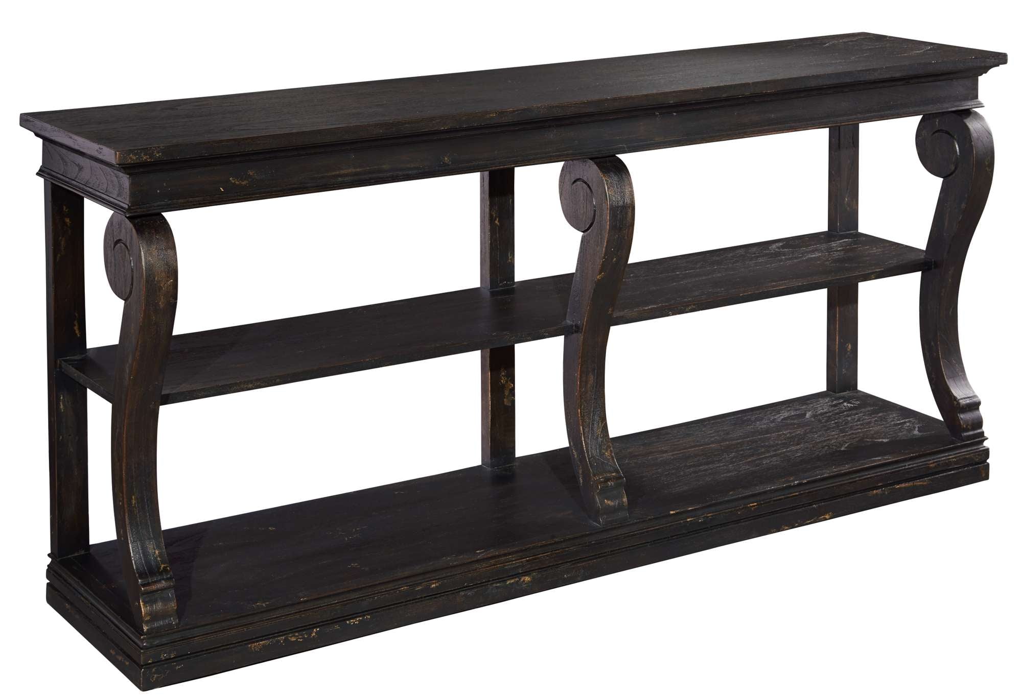 Homestead Sofa Table with aged black finish, select solid and veneer wood, two shelves, and decorative curved supports