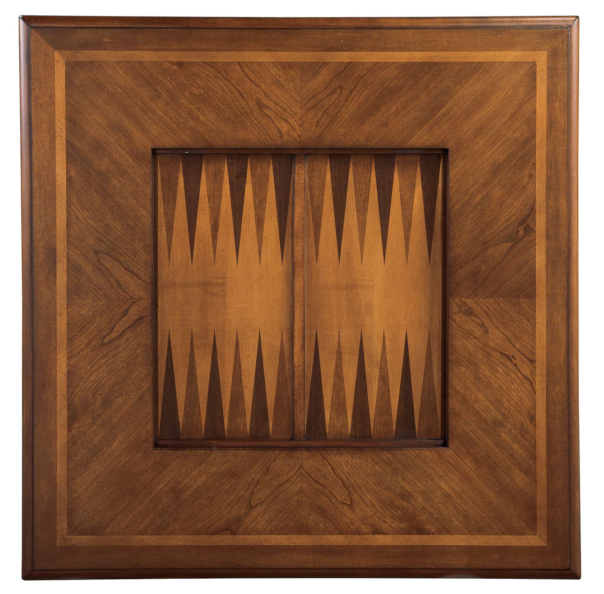 Game table with Rogue cherry veneers, cathedral cherry bookmatched top, maple inlay, and inlaid backgammon board center panel
