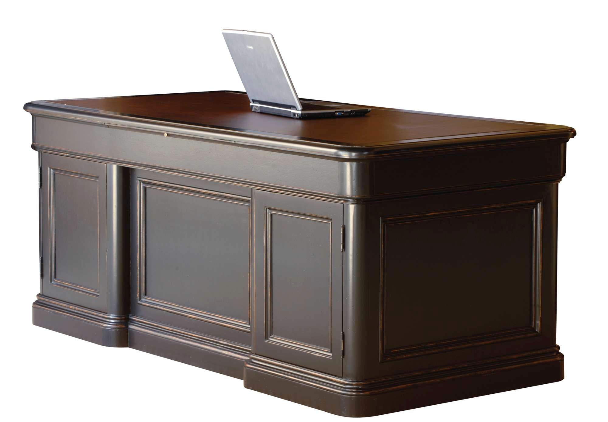 Louis Philippe executive desk with distressed hardwoods and veneers, leather top with blind tooling, and two file drawers