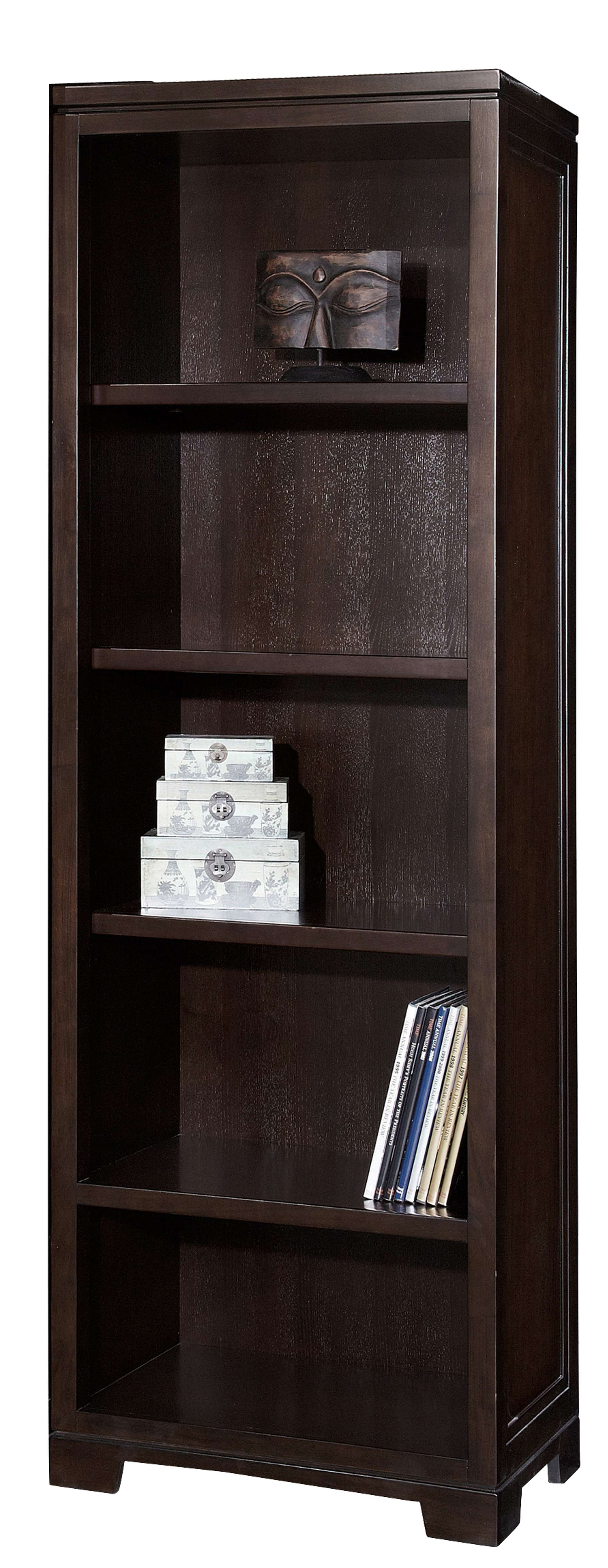 Mocha executive side bookcase with ash solids and veneers, three adjustable shelves, fixed shelf, and levelers in mocha finish