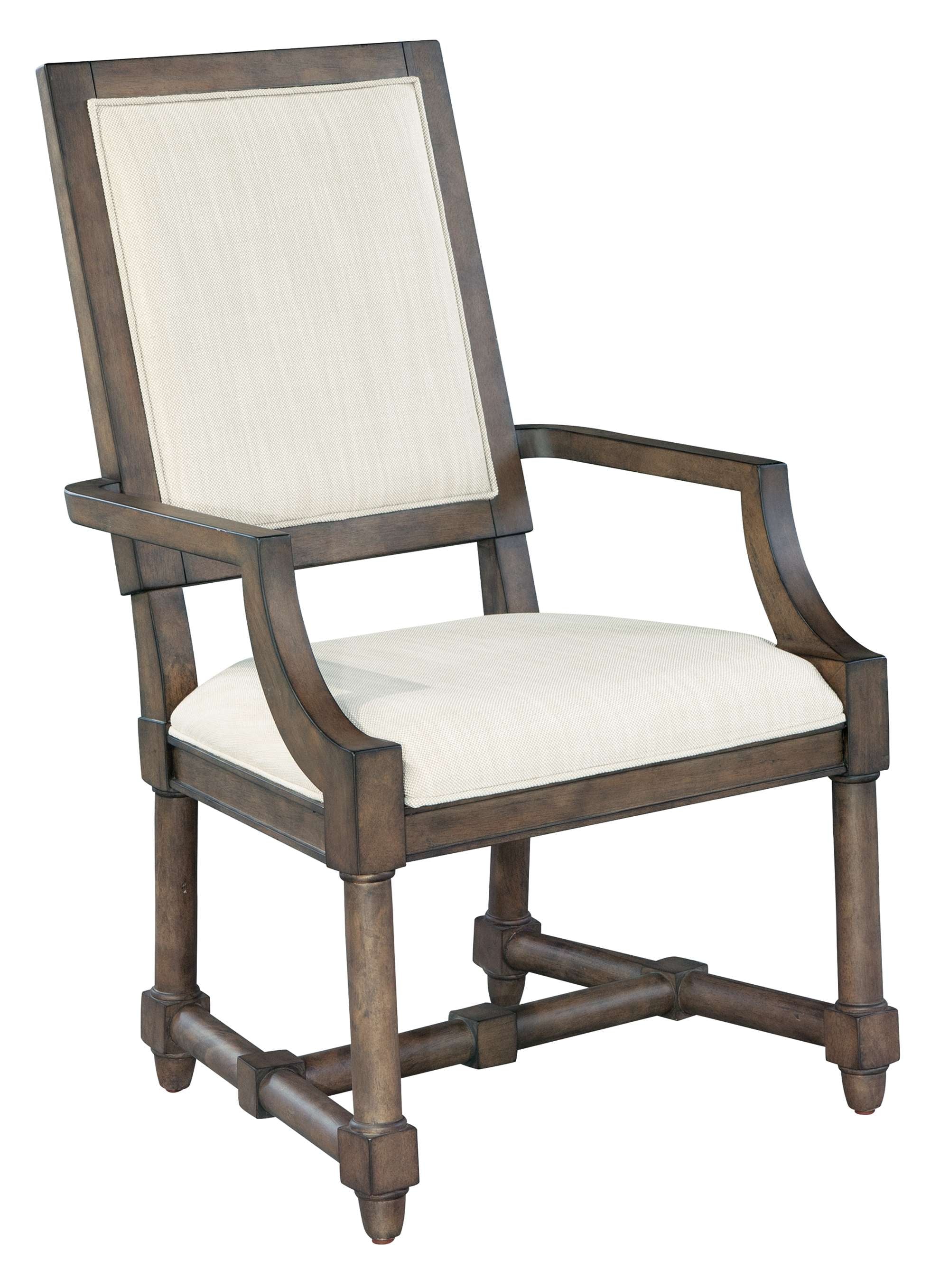 Lincoln Park upholstered dining arm chair with select solids, tan and white linen fabric, and Lincoln Park wood finish