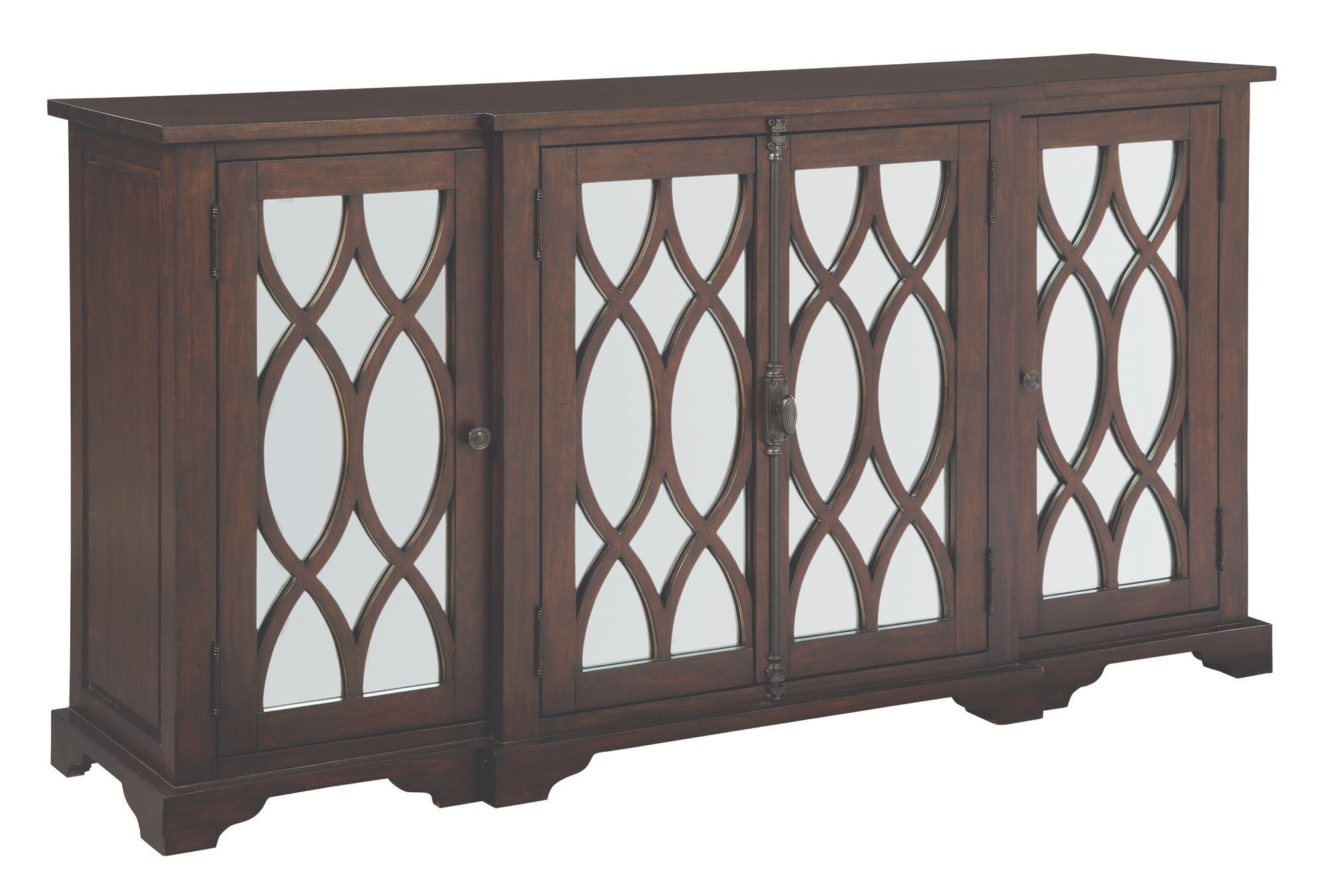 Entertainment console with mahogany solids and veneers, breakfront center, four mirrored doors with curved fret designs, and espagnolette lock