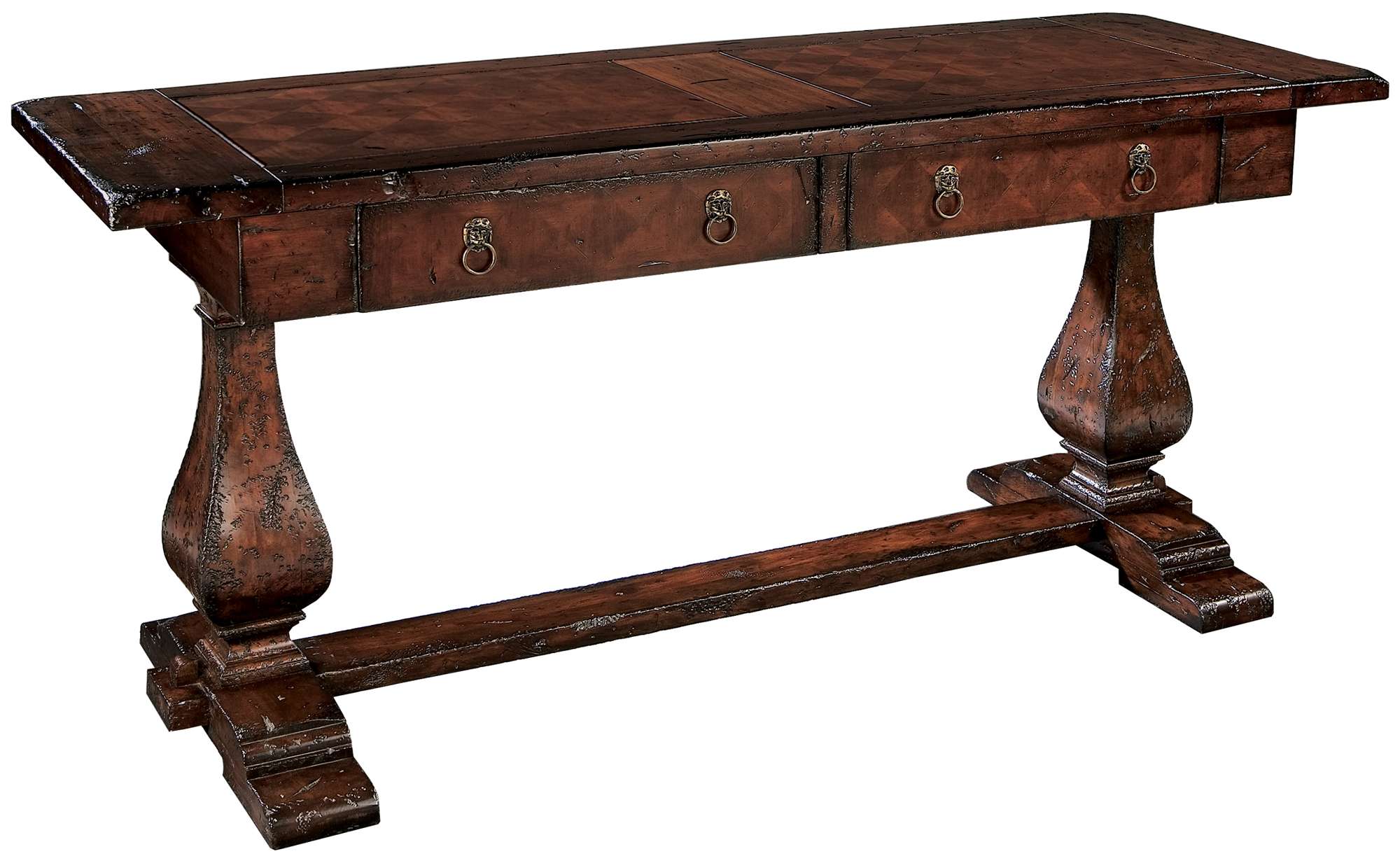 Havana sofa table with mahogany solids and veneers, antique finish, diamond match veneer top, two drawers with antique brass pulls