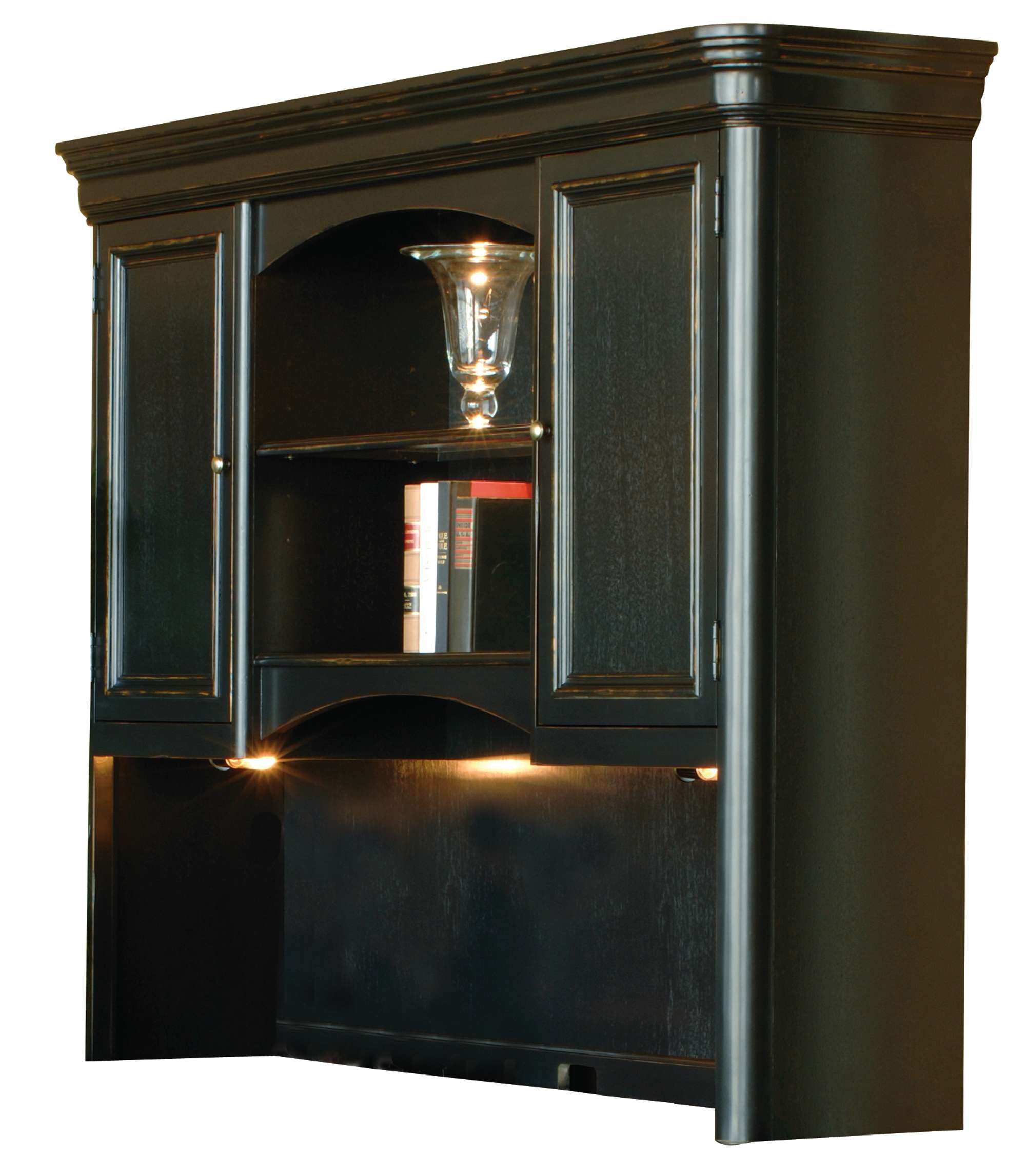 Louis Philippe executive deck with two doors, adjustable shelves, illuminated center bookcase, and distressed hardwood finish