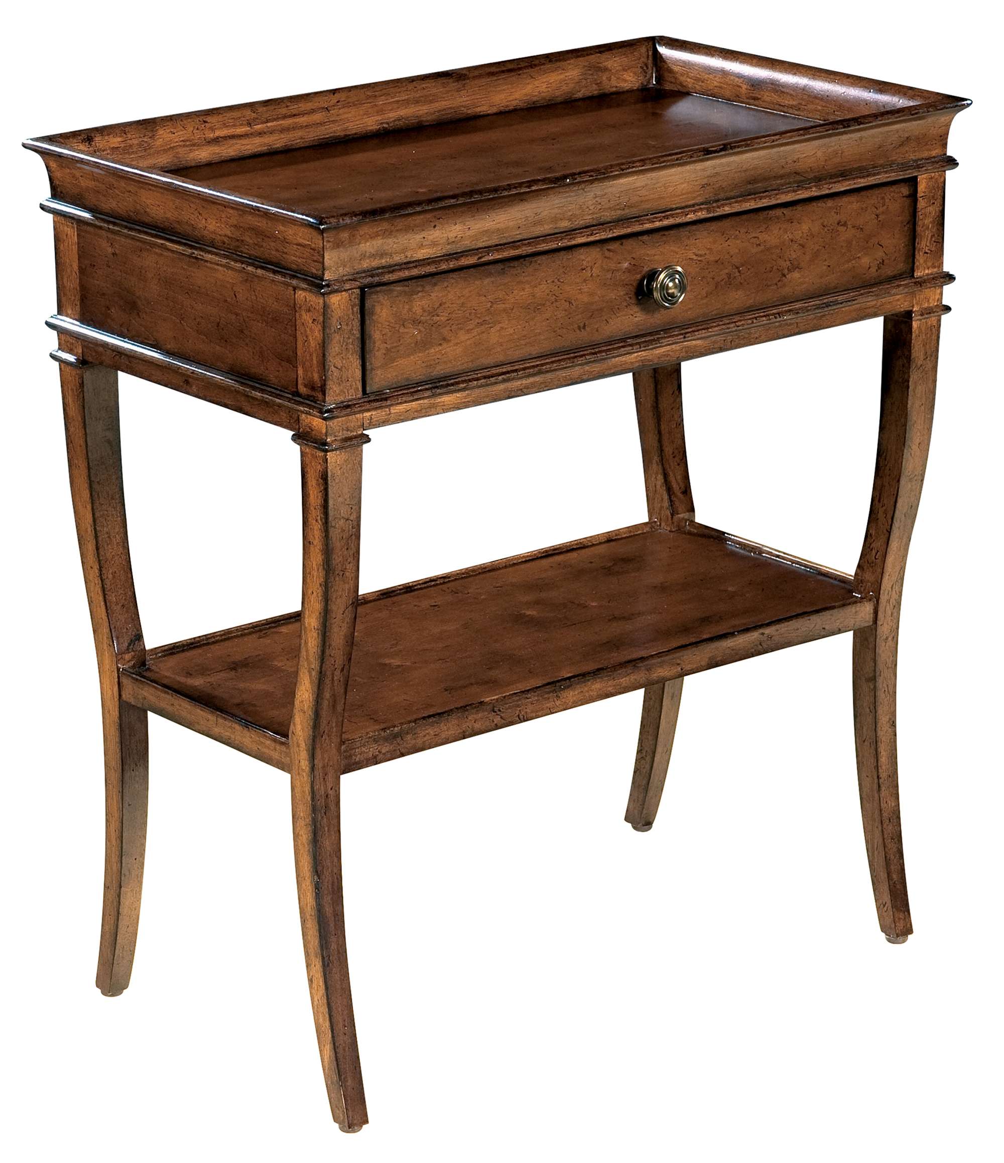European Legacy end table with rustic American Cherry veneers, planked top, one drawer, shelf, and macadamia finish