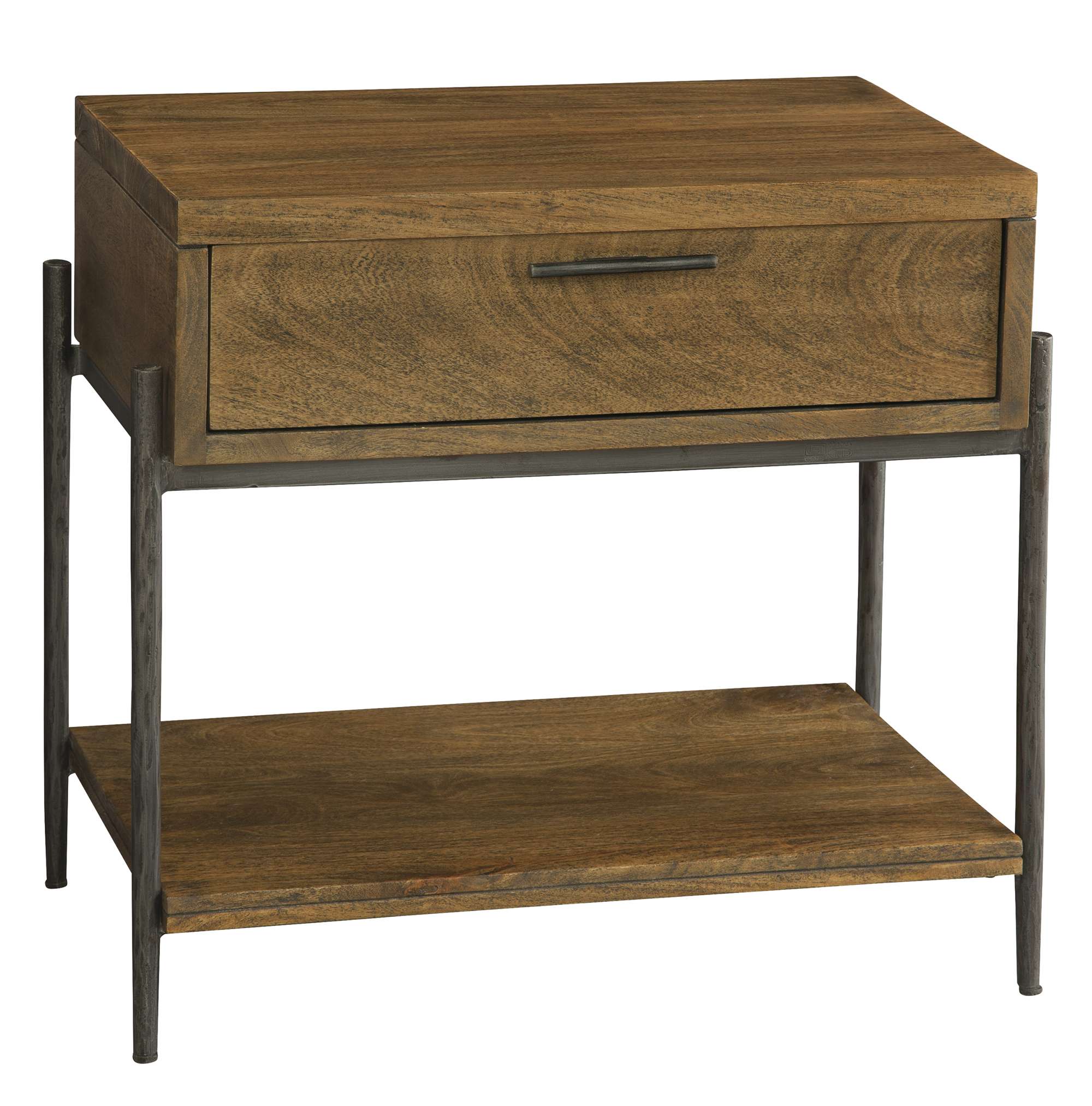 Bedford Park single drawer nightstand with solid mango top and shelf, forged iron base, and soft-close drawer slides