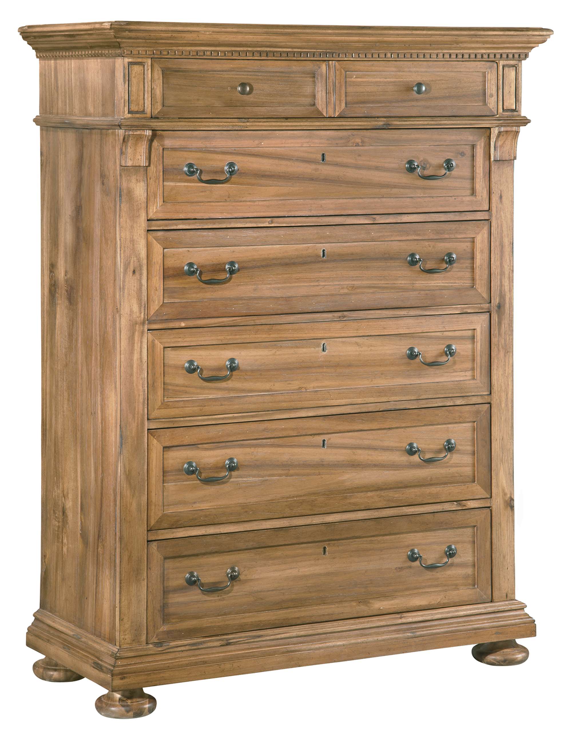 Wellington Hall Bedroom Chest with six drawers, acacia wood finish, rustic antique brass hardware, and dentil molding detail