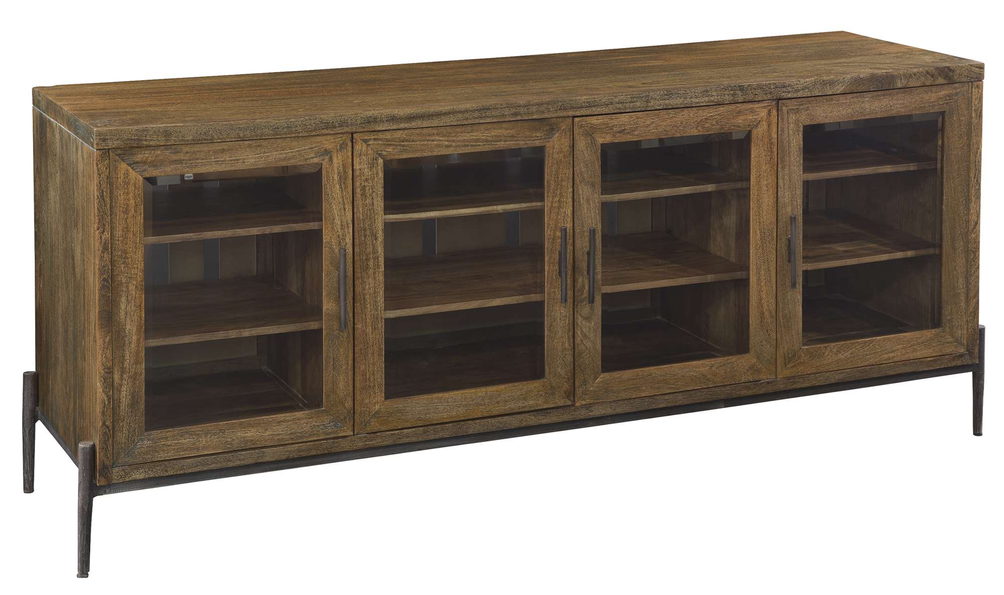Rustic wooden sideboard with glass doors and shelves