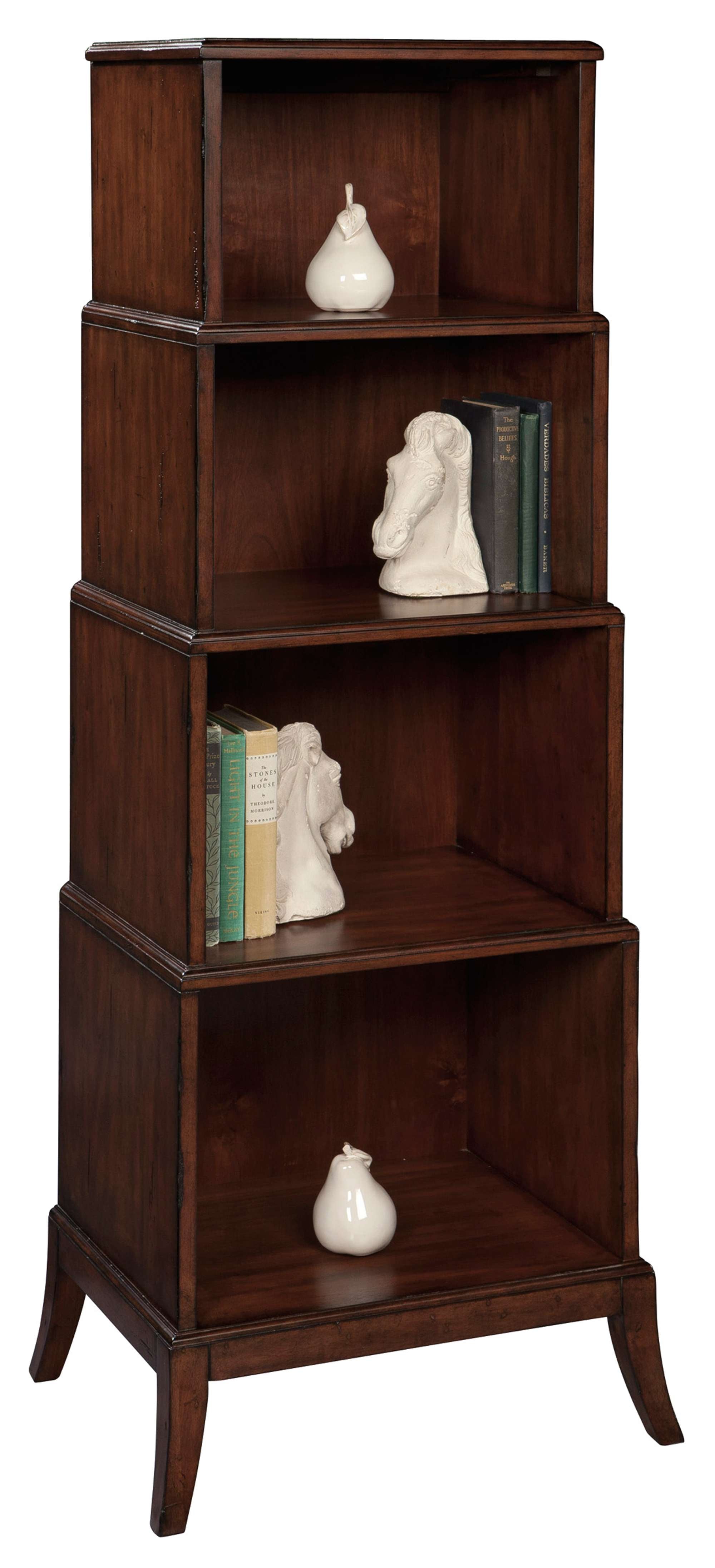 Tiered bookcase with four open shelves, special reserve finish, select veneers and solids, tapered legs, 56" high