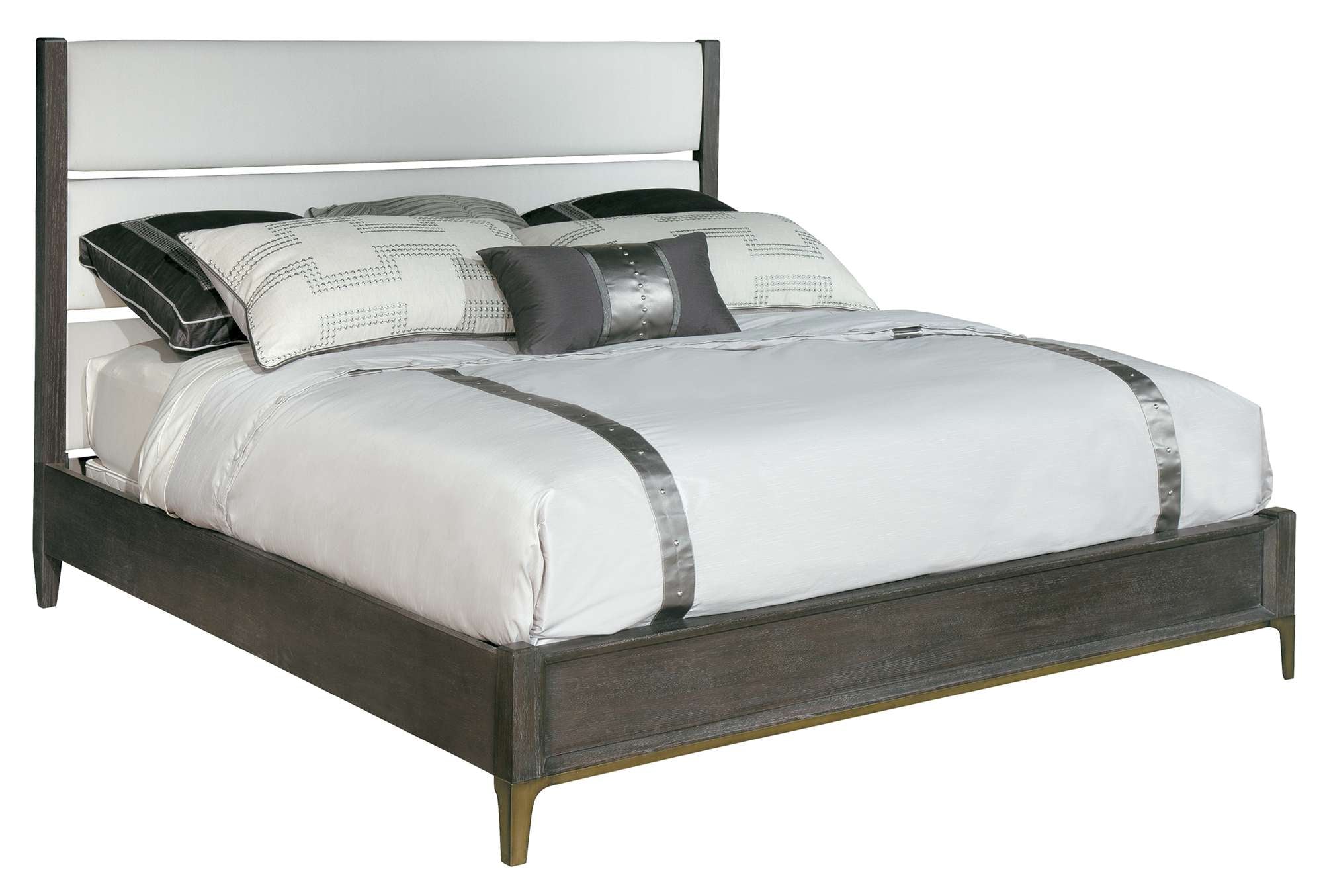 Edgewater King upholstered bed with oak veneers, mindi wood frame, three horizontal linen panels, and square posts