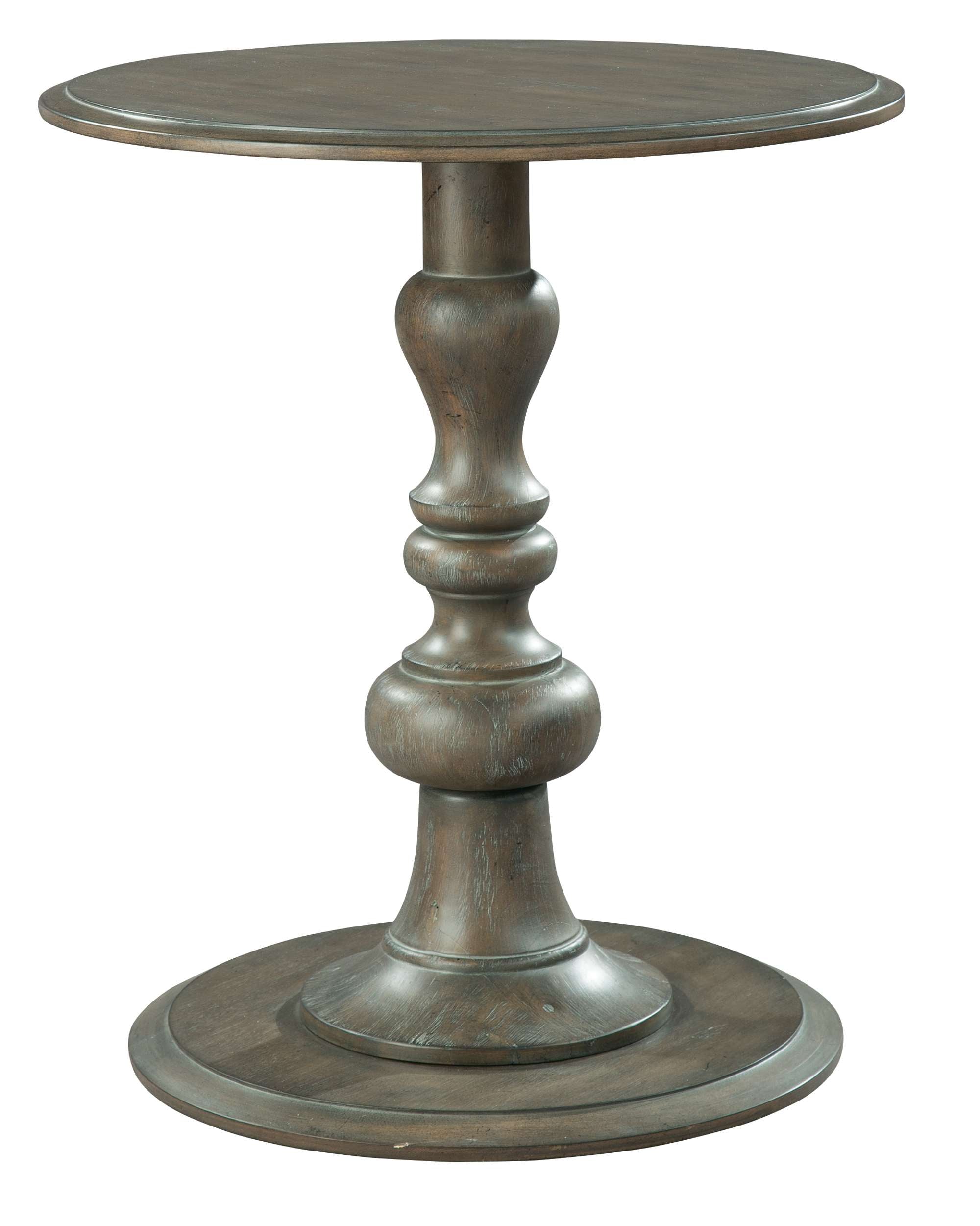 End table with dark weathered finish, round 24" diameter top, turned pedestal base, and circular platform base, 28" height
