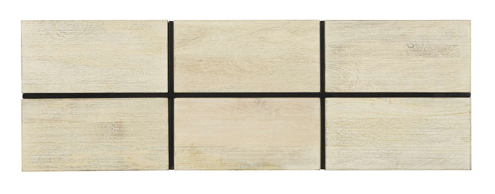 Geometric mango wood sofa table with open storage, black metal legs, black hardware, and translucent rustic white finish