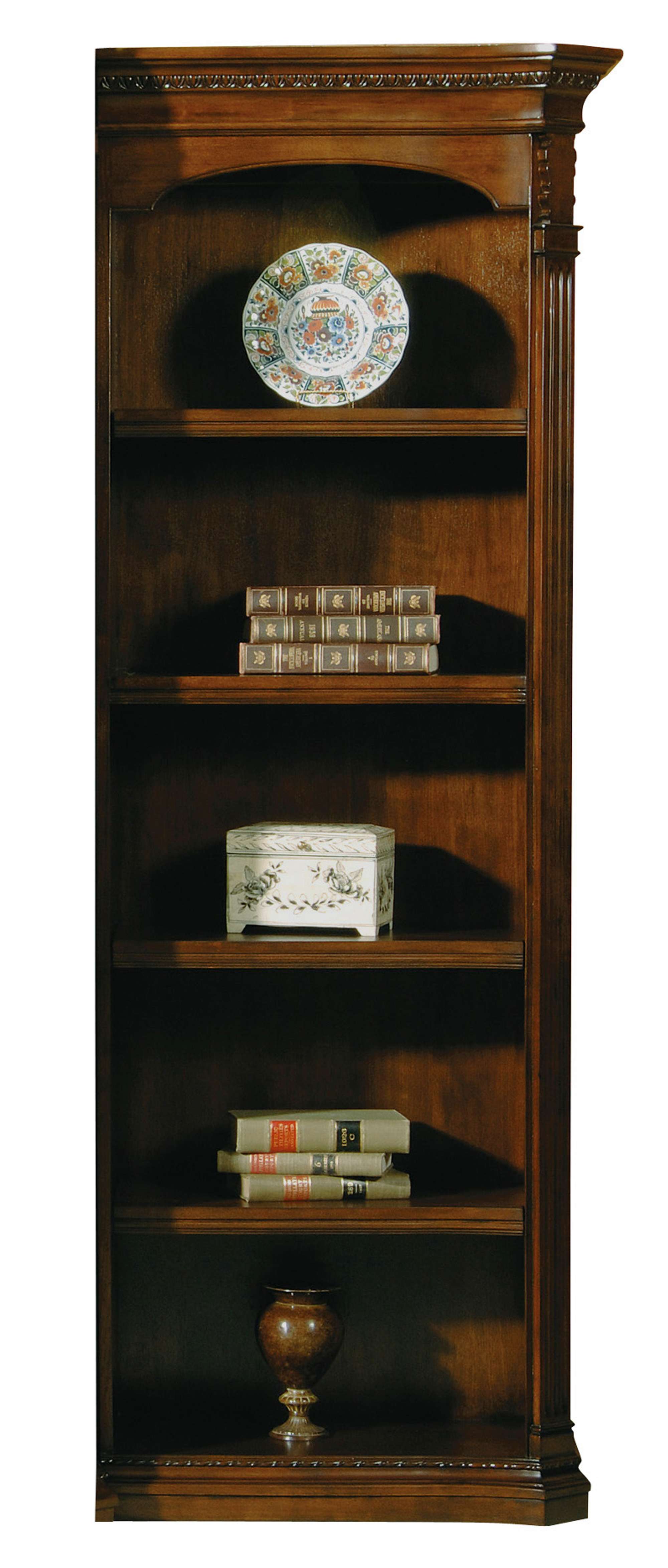 Old World Walnut Burl executive right bookcase with three adjustable shelves, one fixed shelf, and ornate carved detailing