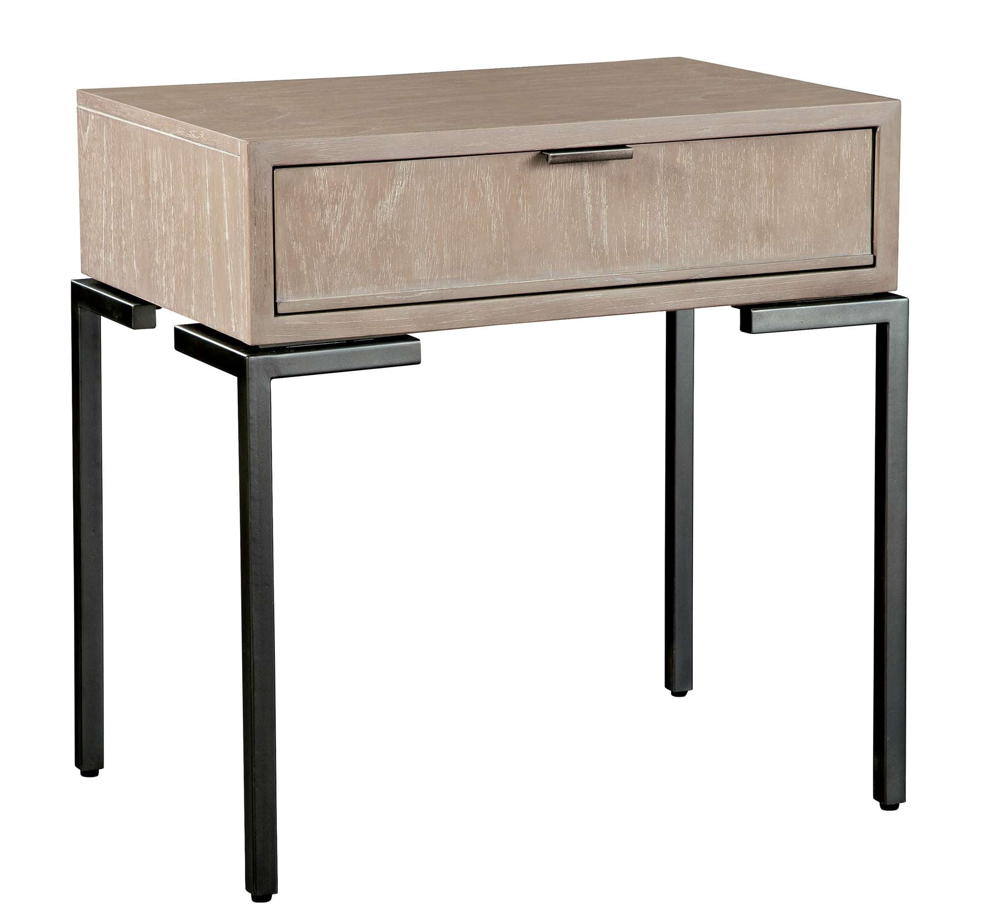 Scottsdale single drawer nightstand with mindi veneers and solids, wood drawer guide, and aged iron metal legs and pull
